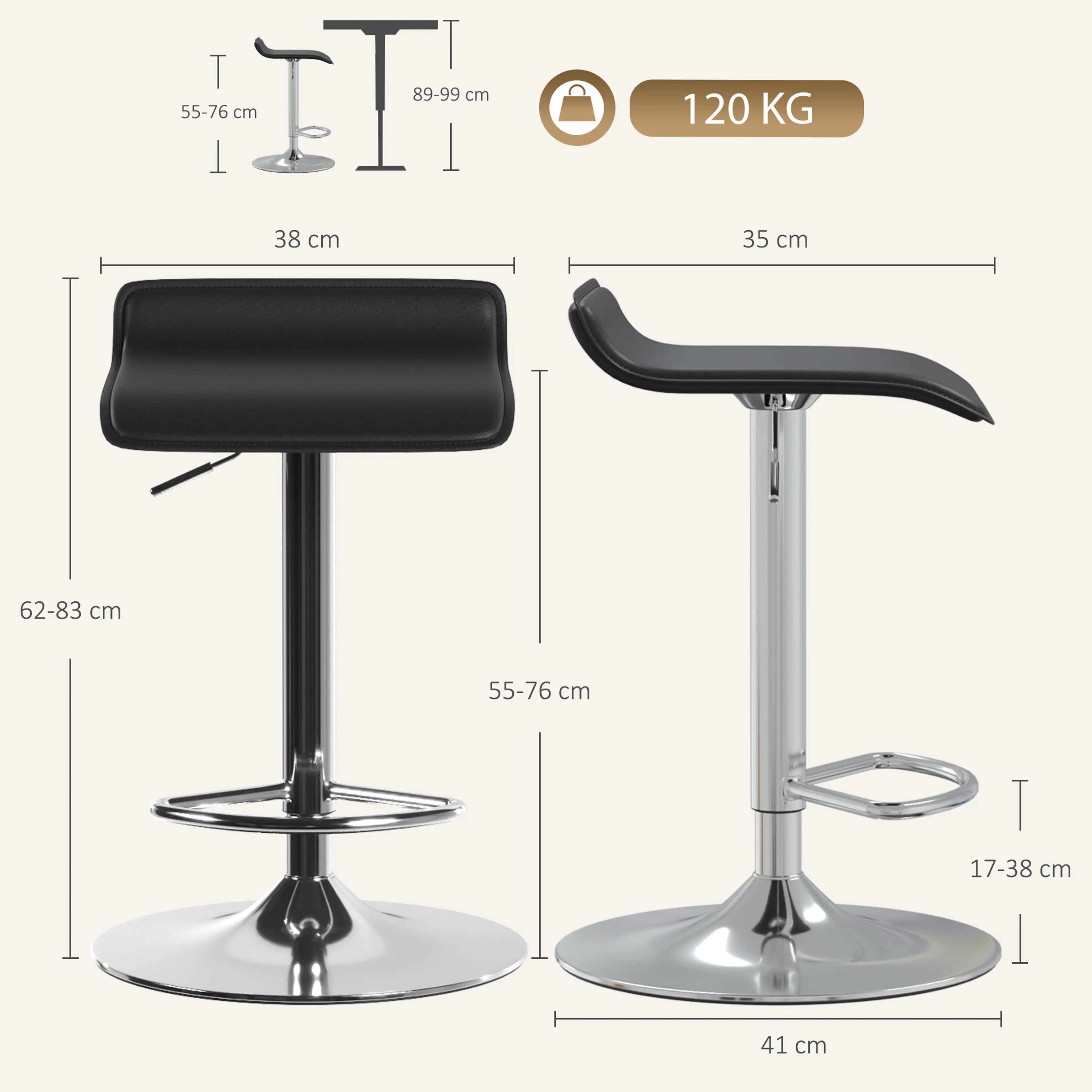 Måttbild: barstolen är 38 cm bred och 35 cm djup, med sitthöjd 55–76 cm, fotstöd på 17–38 cm och en fot på 41 cm, och bär 120 kg