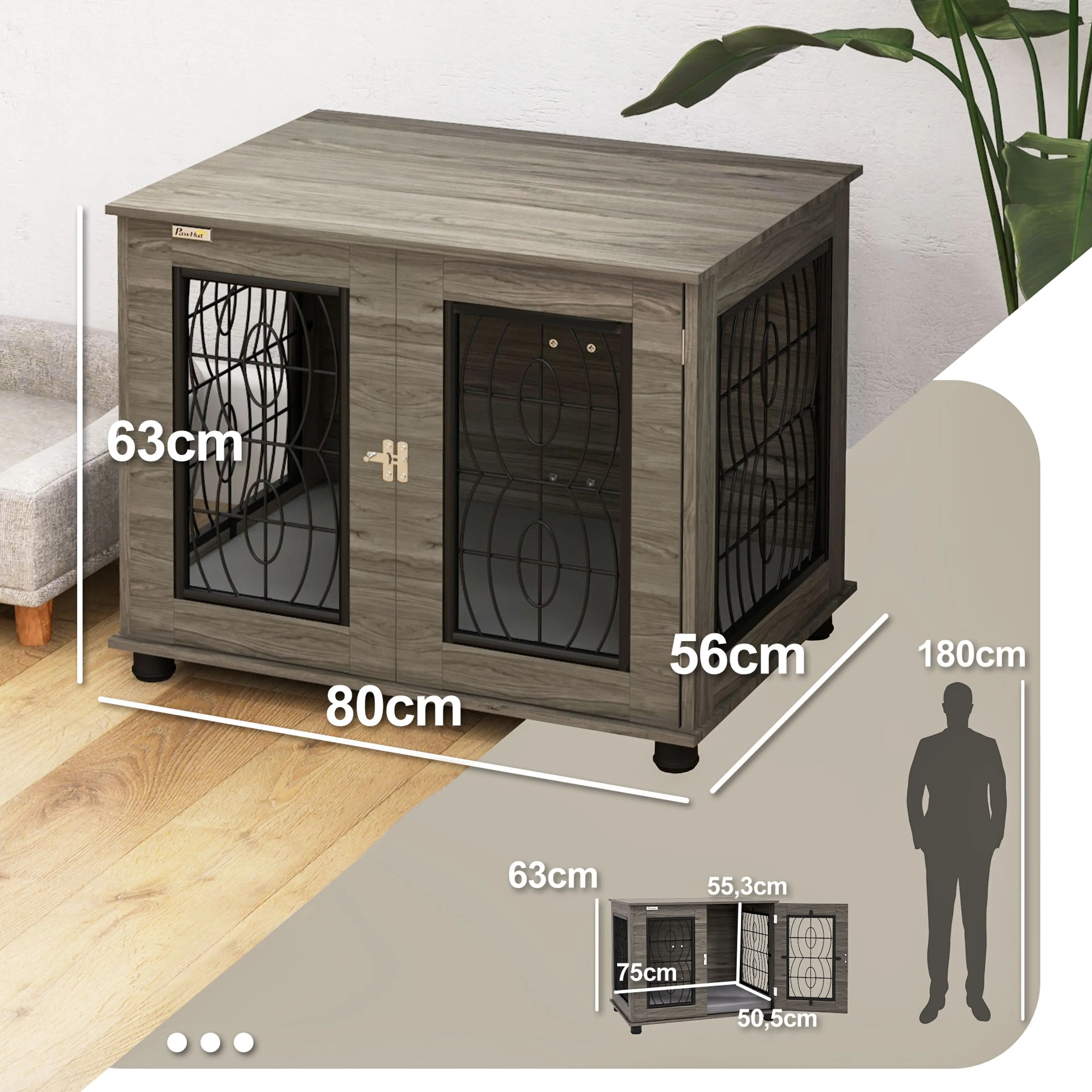 Måttritning för hundbur 80 cm: 80 × 56 × 63 cm utvändigt och 75 × 50,5 cm invändigt