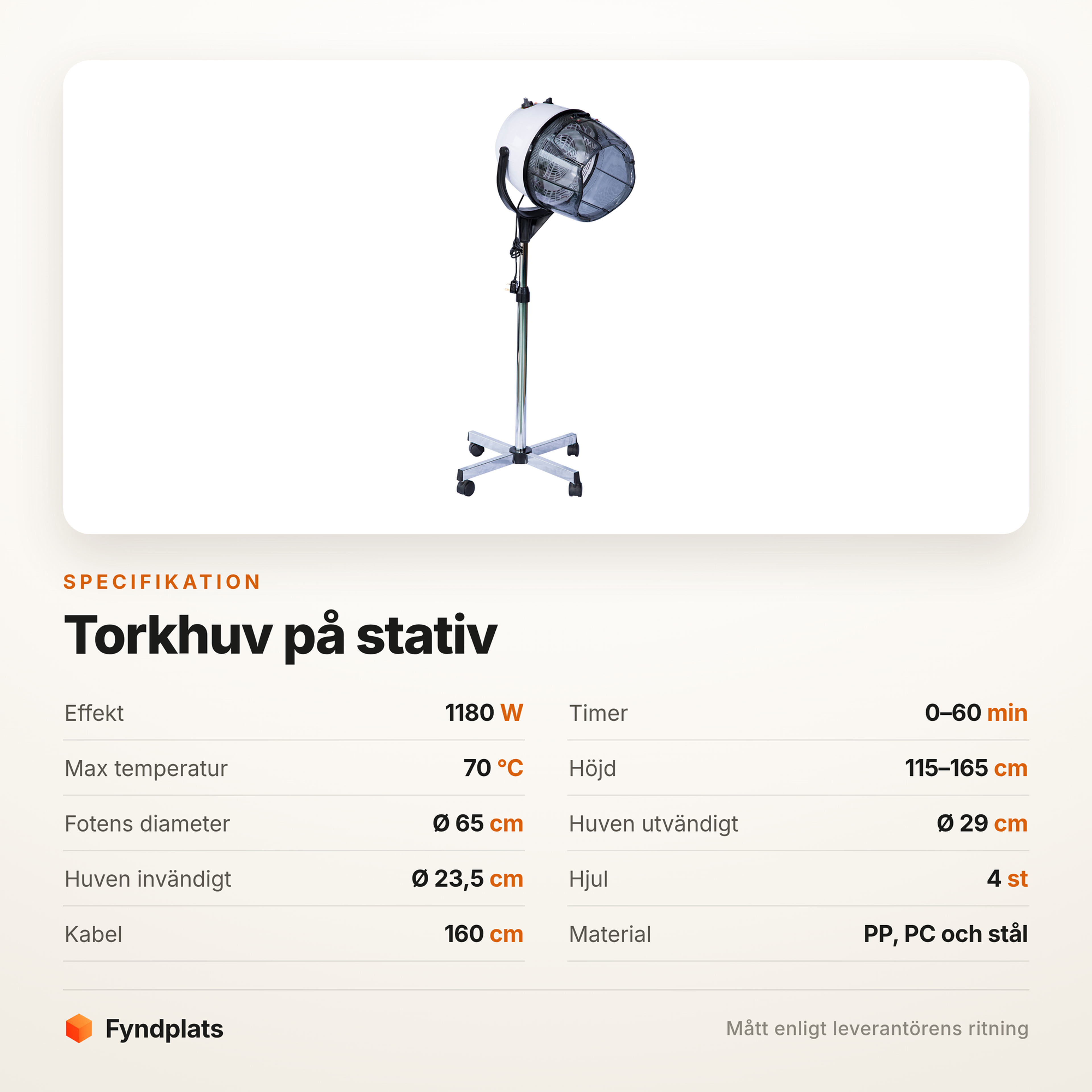 Specifikation: 1180 W, timer upp till 60 minuter, 70 °C och fyra hjul