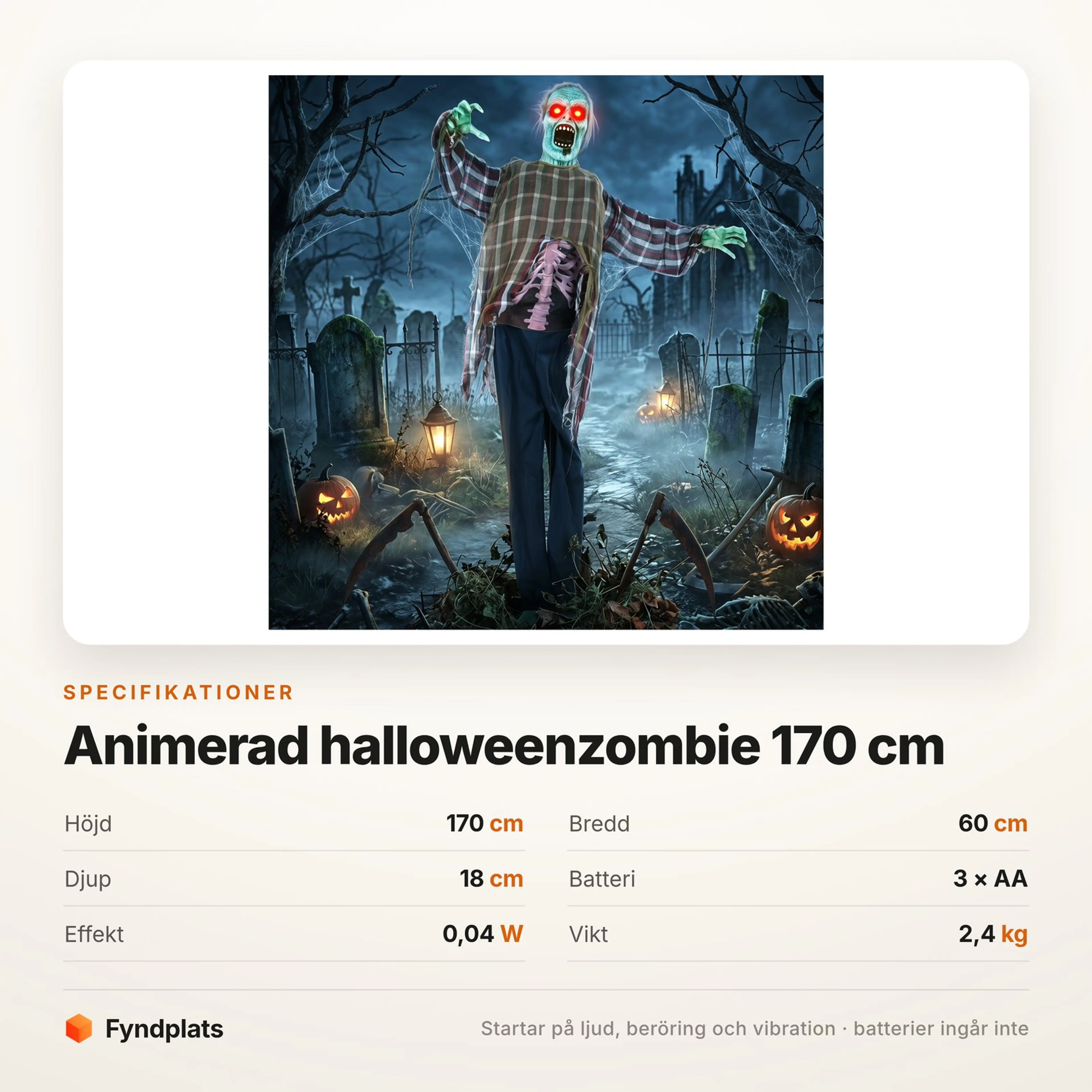 Animerad halloweenzombie 170 cm med ljud och röda LED-ögon – bild 5