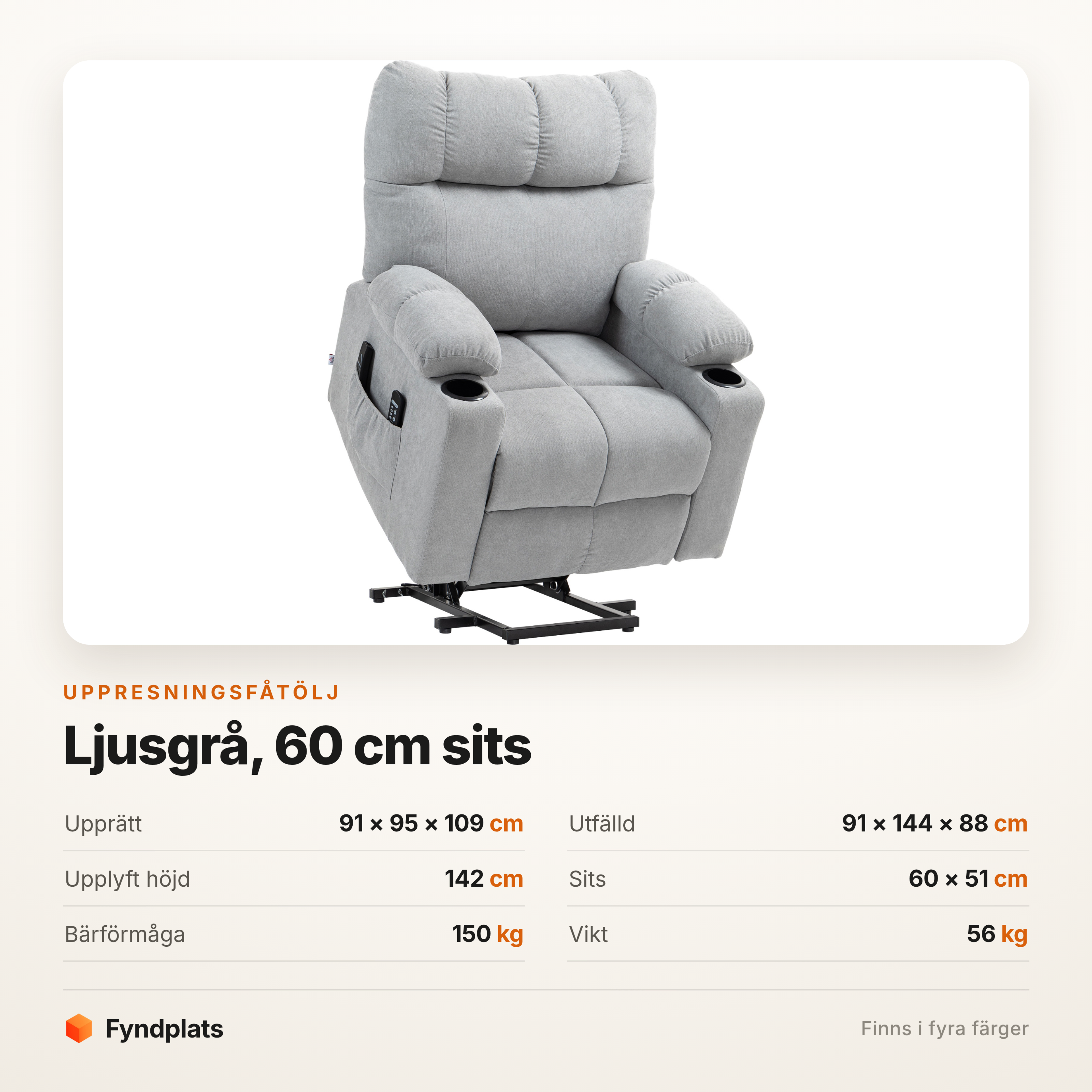 Uppresningsfåtölj ljusgrå med mugghållare – massage, ländvärme och 60 cm sits – bild 5