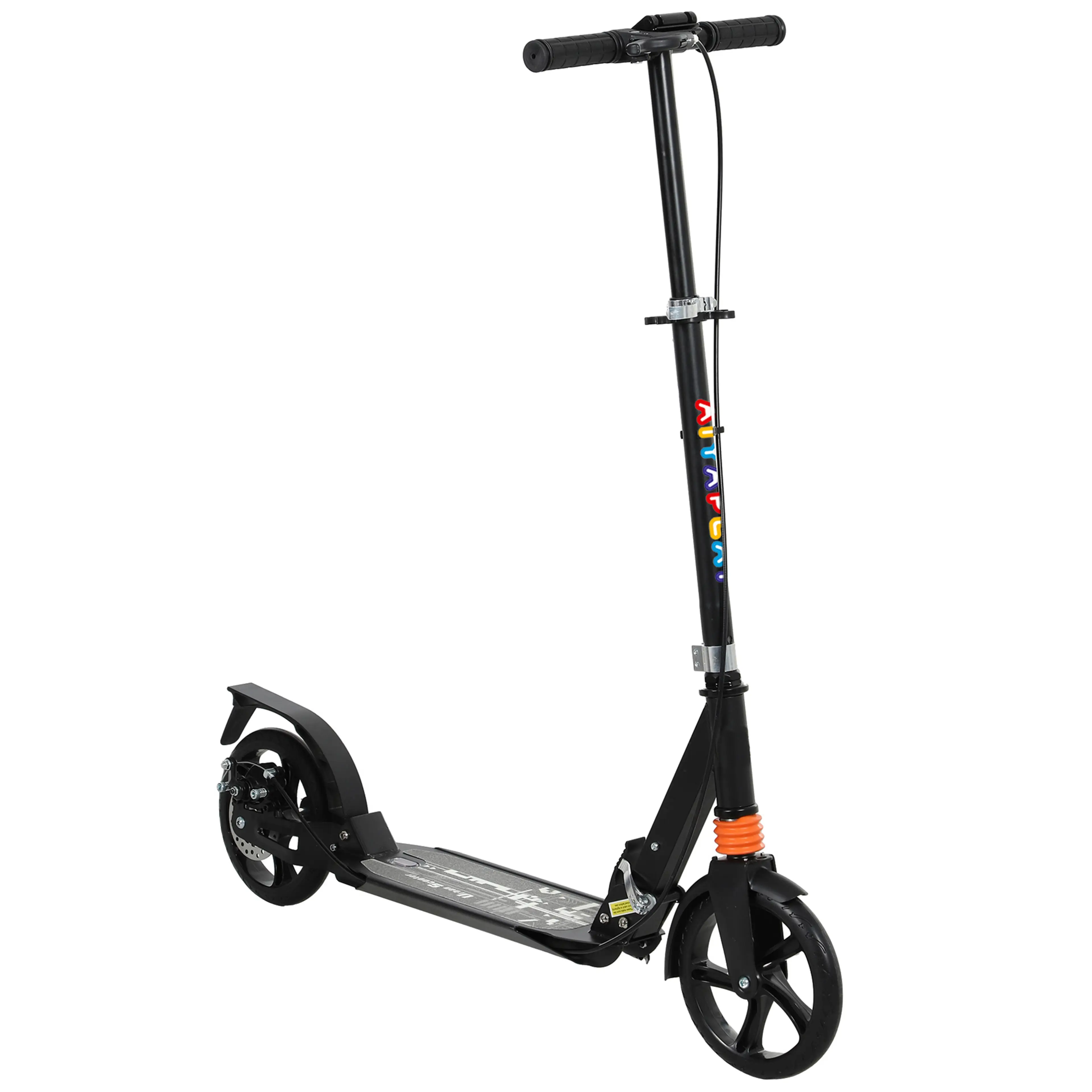 Svart hopfällbar sparkcykel med stora PU-hjul, uppfälld och redo