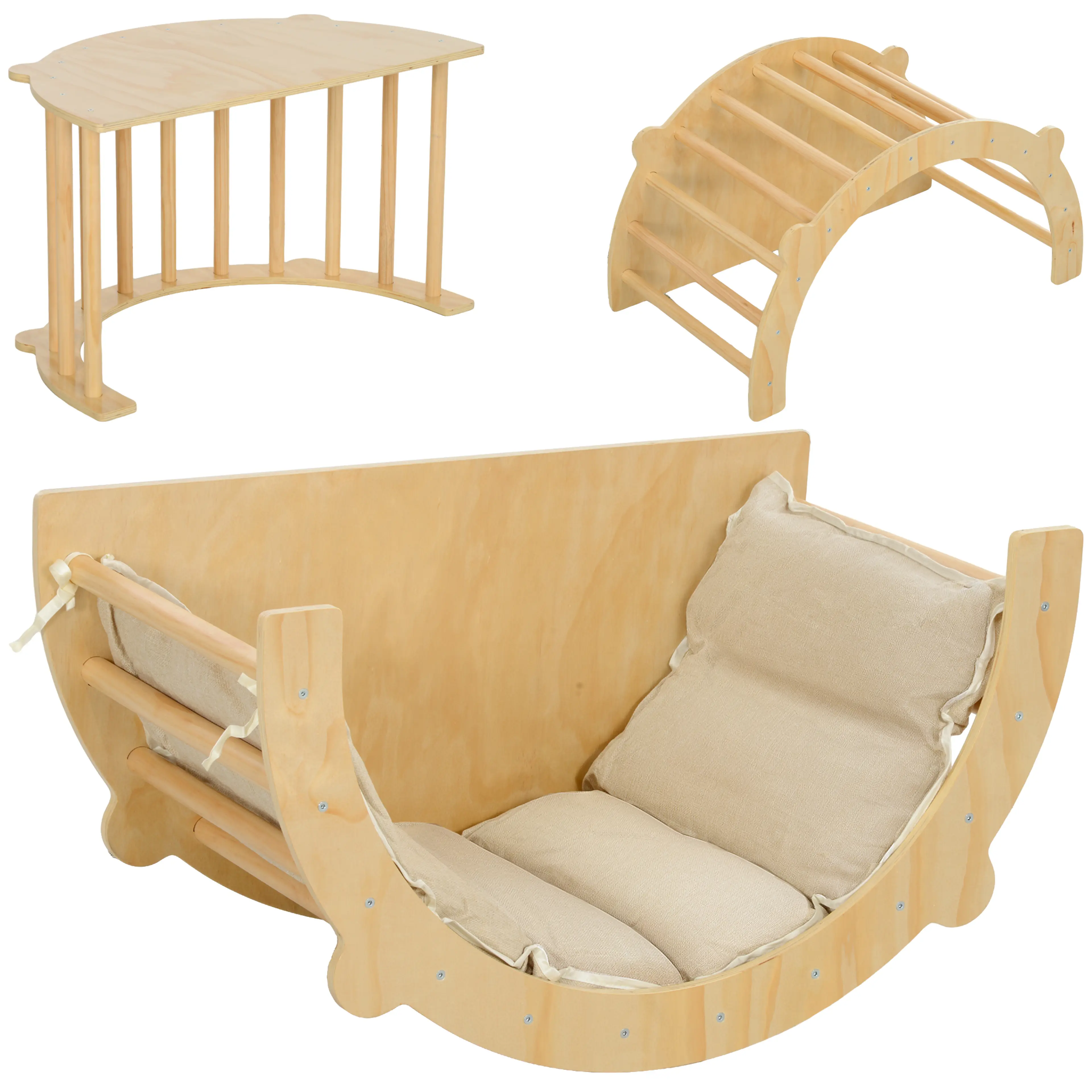 Klätterbåge i furu som lekbord, klätterbåge och gungbräda med beige dyna