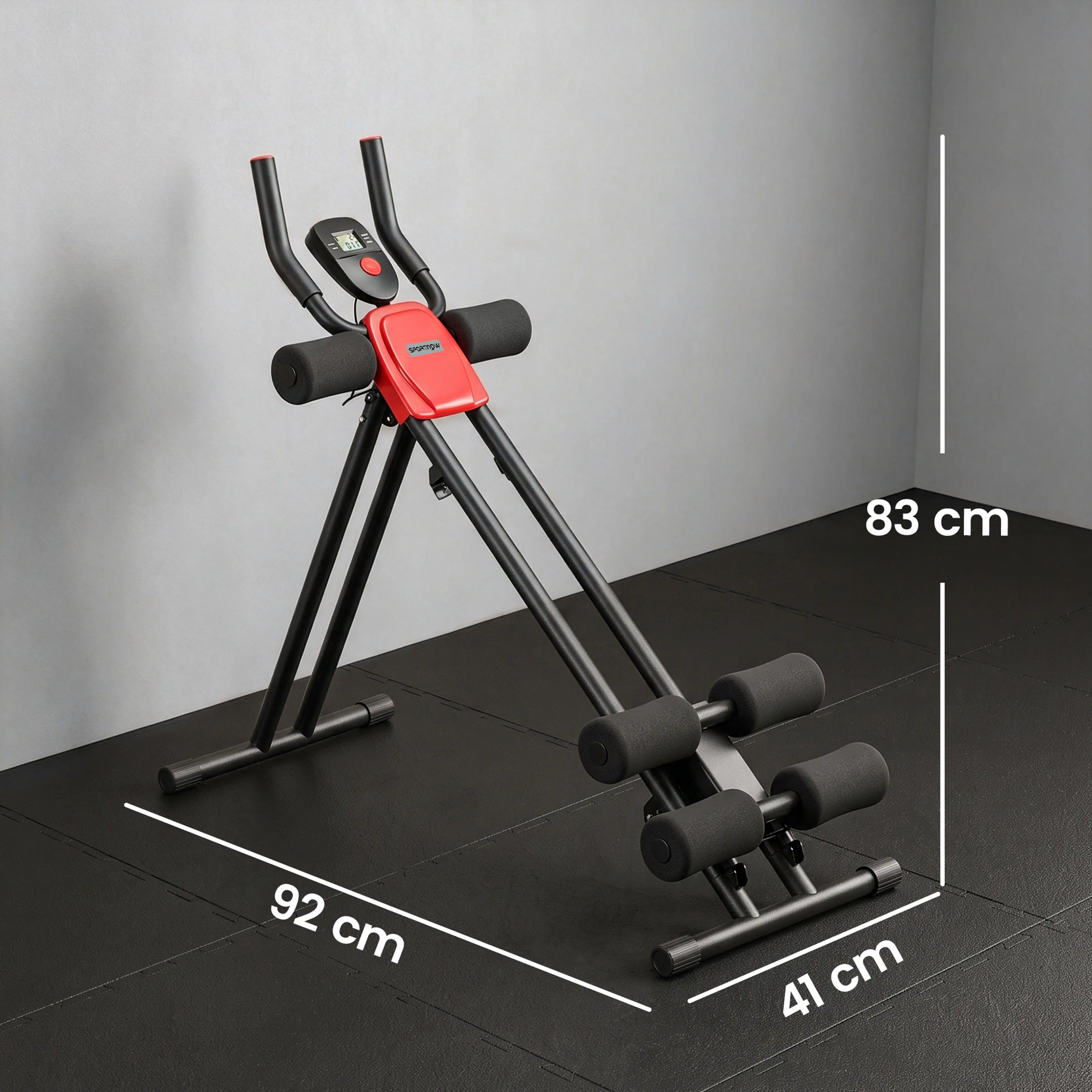 Måttbild på magtränaren, 92 cm lång, 41 cm bred och 83 cm hög