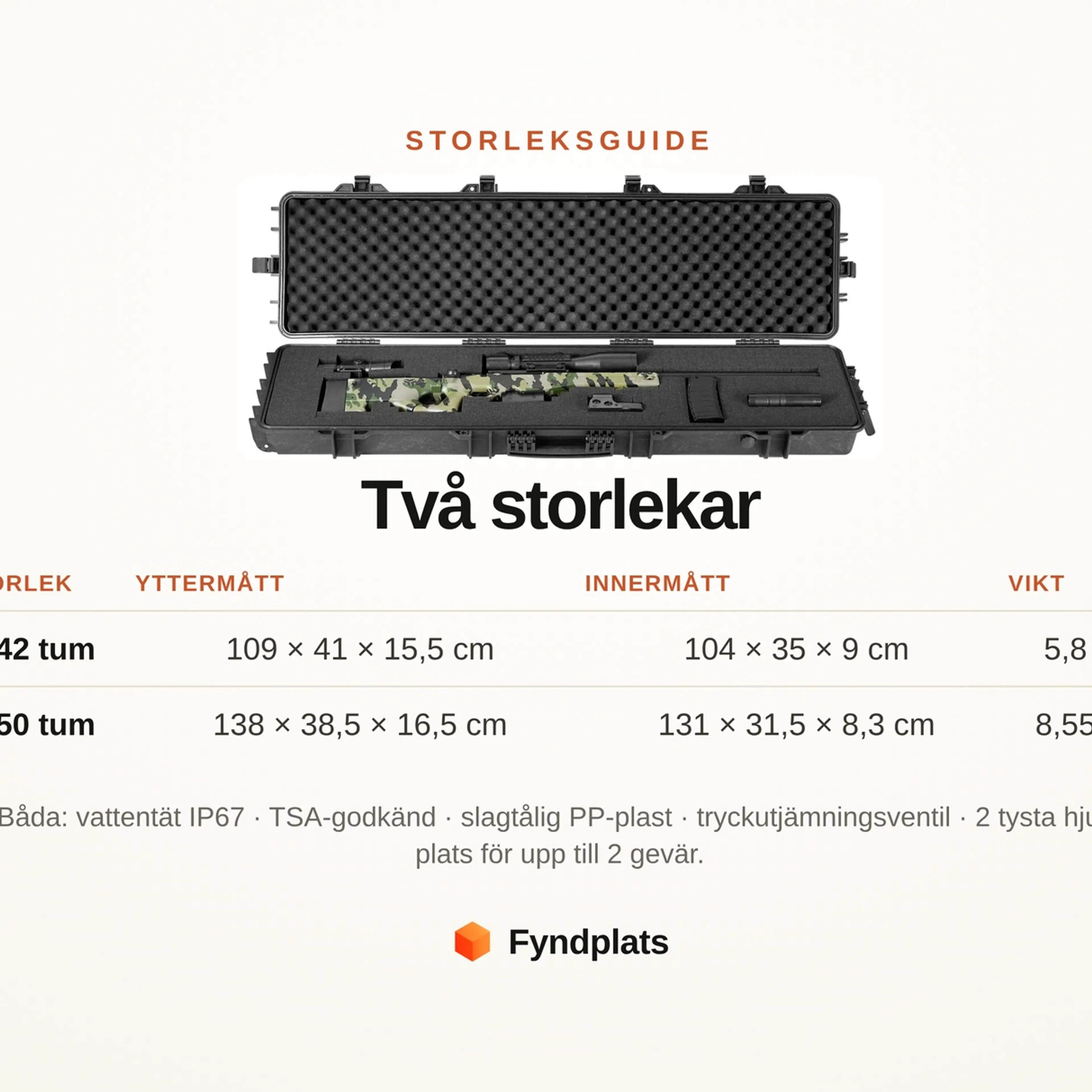Storleksguide: 42 tum (109 × 41 × 15,5 cm, 5,8 kg) och 50 tum (138 × 38,5 × 16,5 cm, 8,55 kg)