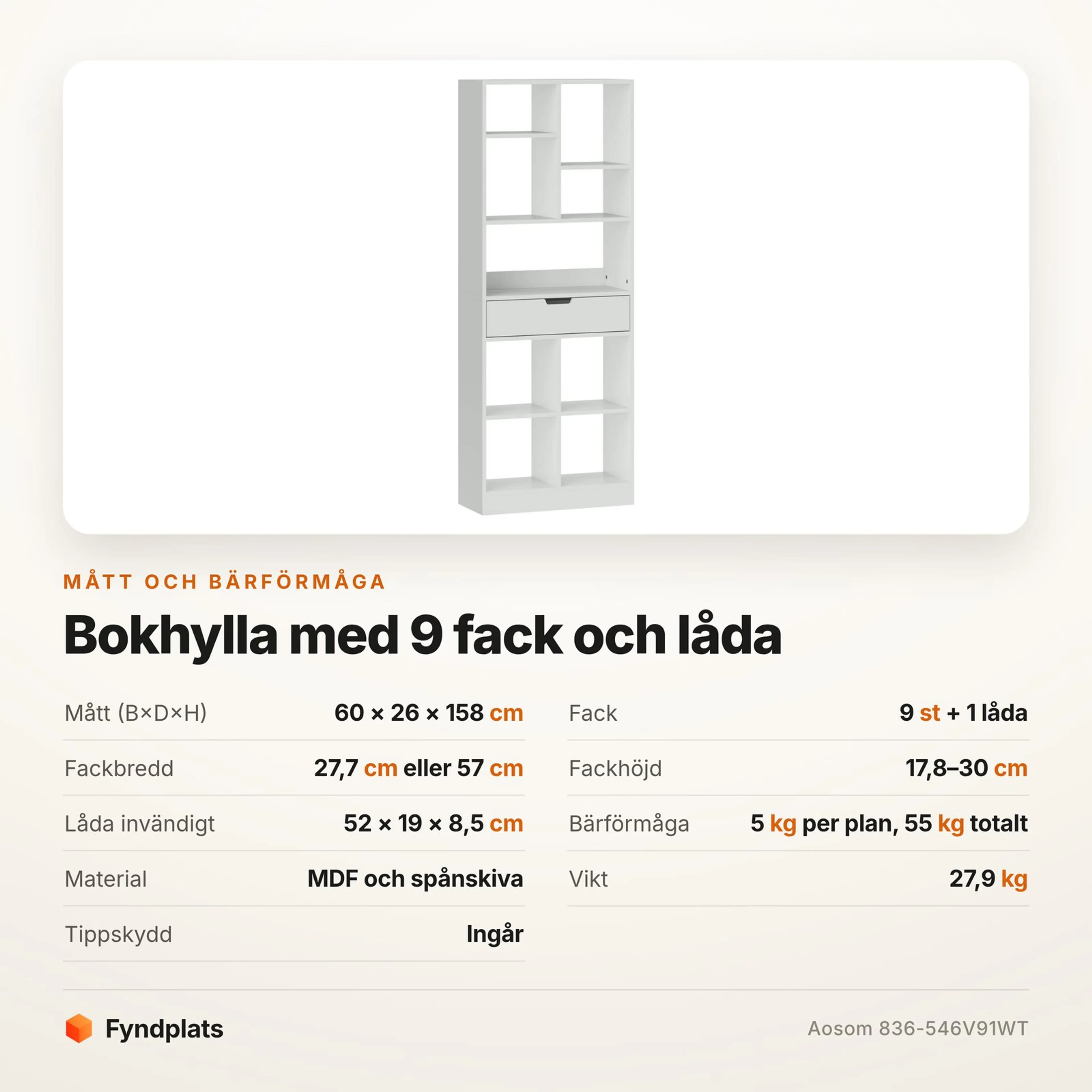 Fyndplats specifikationskort för bokhylla med nio fack och låda