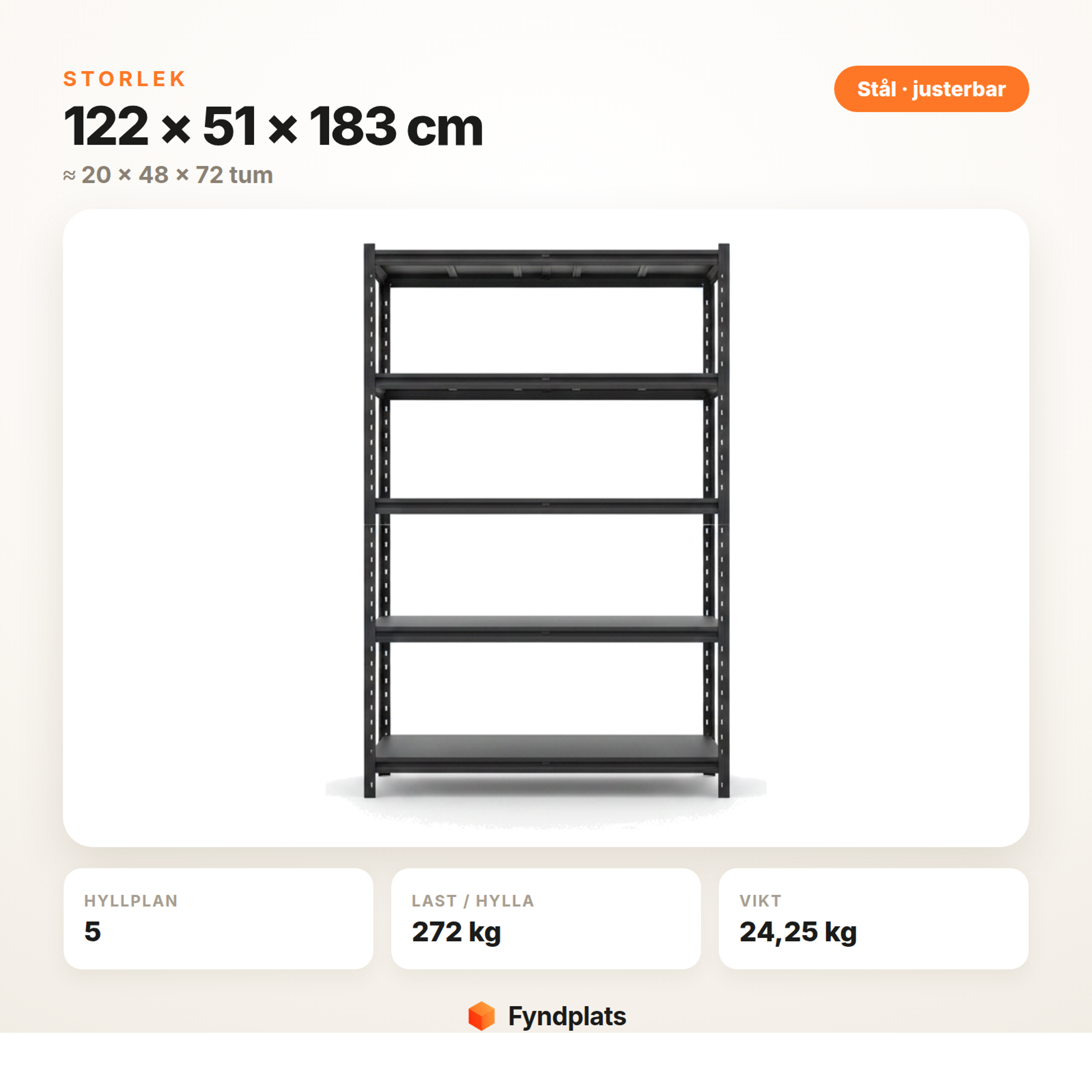 Garagehylla 51 × 122 × 183 cm med 5 hyllplan