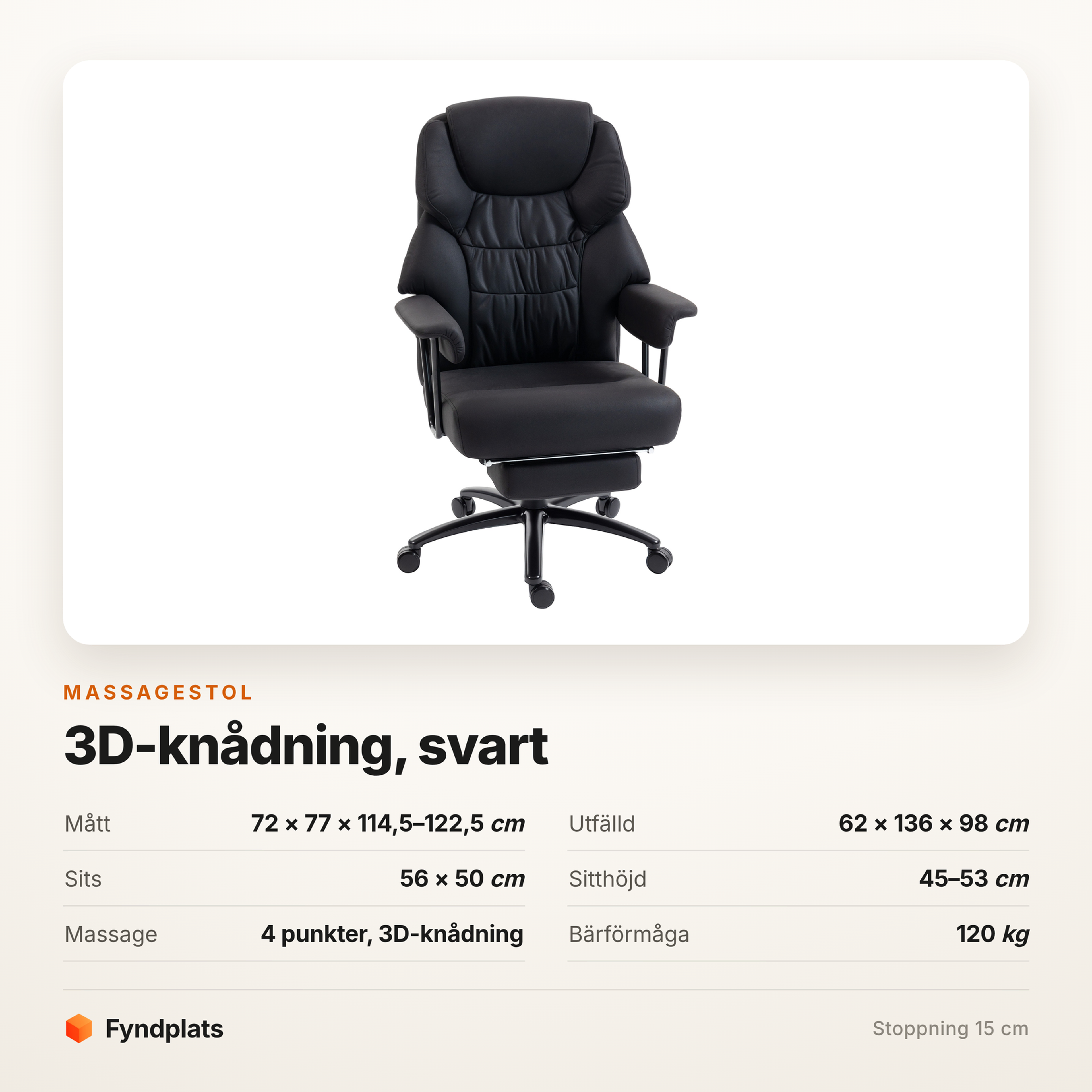 Massagestol med 3D-knådning – fyra punkter, fotstöd och 136 cm liggläge – bild 5