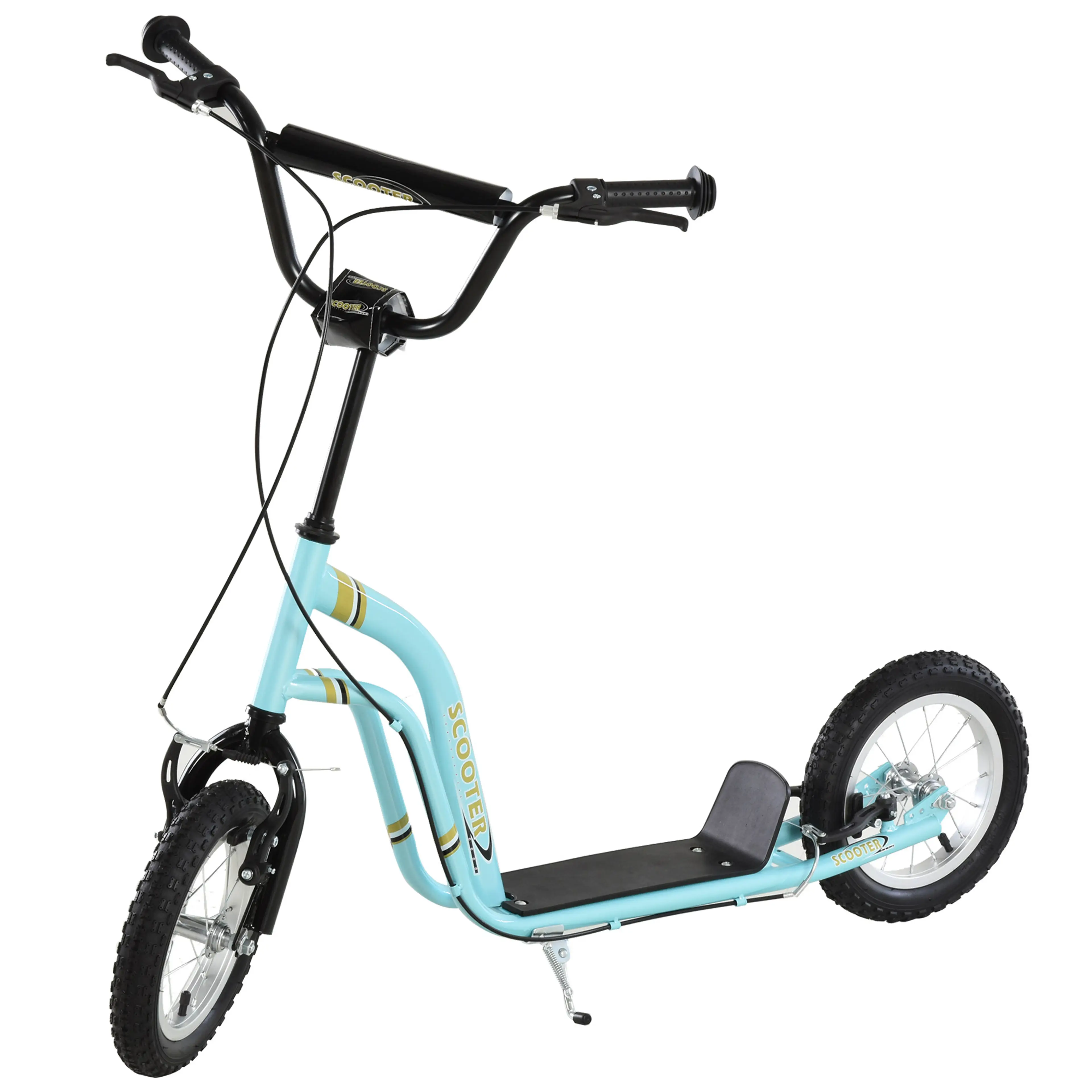 Turkos sparkcykel för barn med luftdäck, utfällt stödben och svart fotplatta