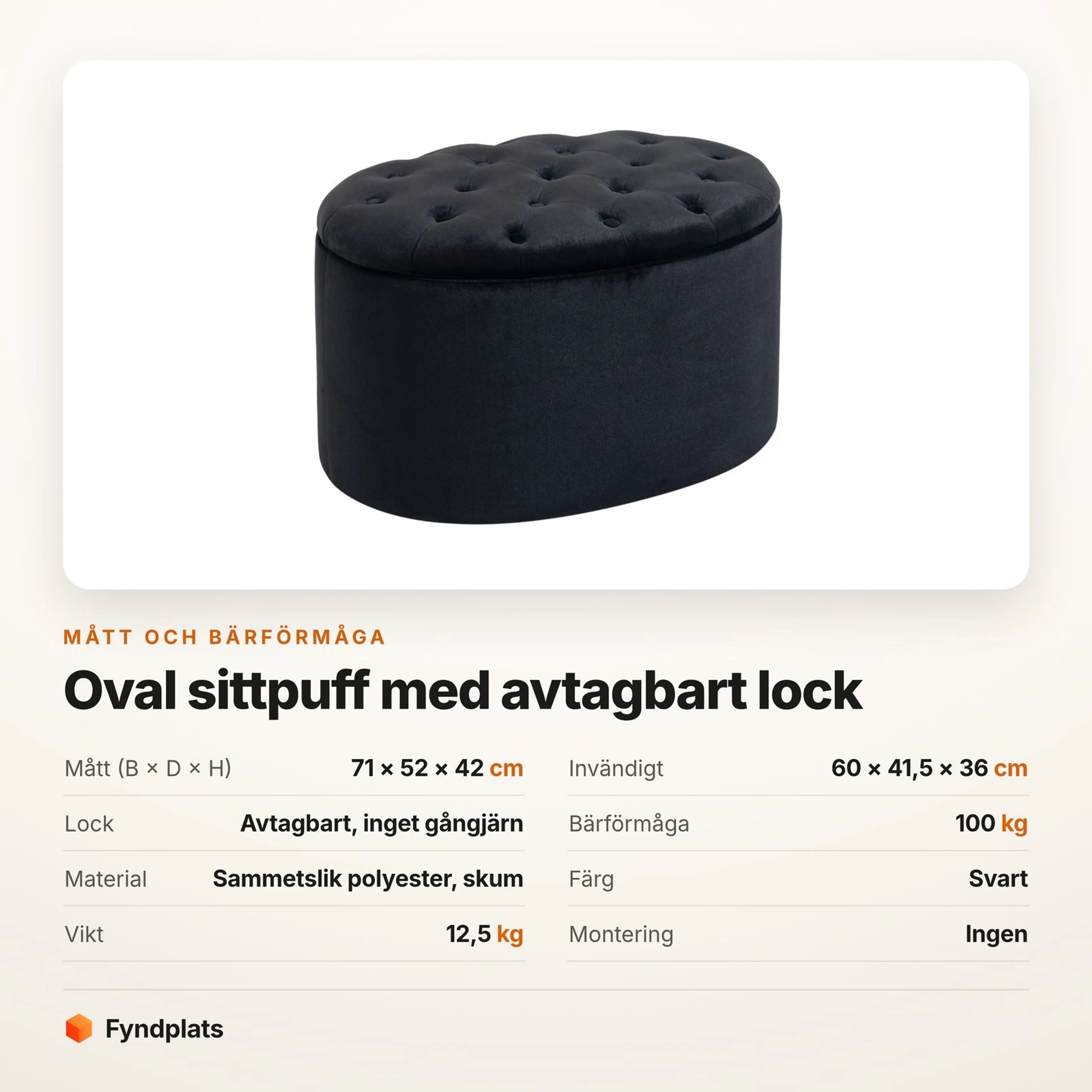 Oval sittpuff 71 cm med avtagbart lock – bild 3