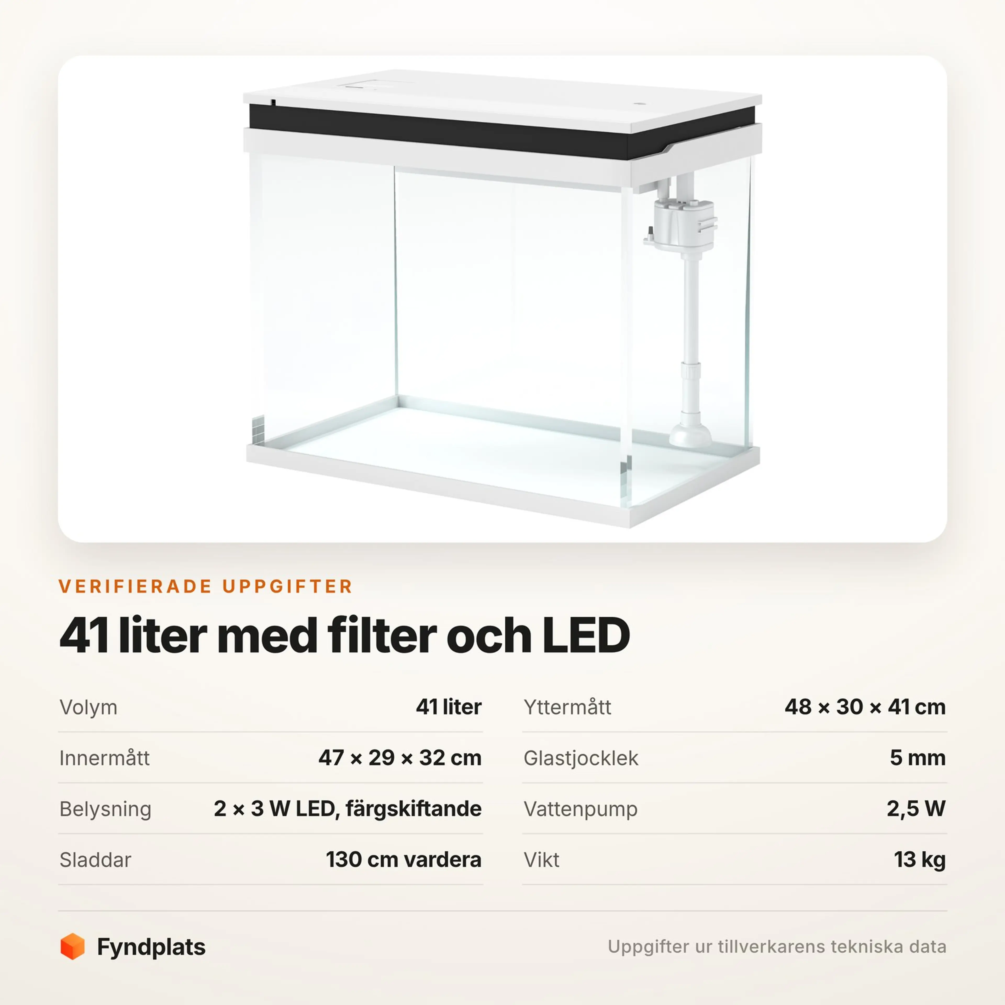 Specifikationer för akvariet: volym, mått, glastjocklek och belysning