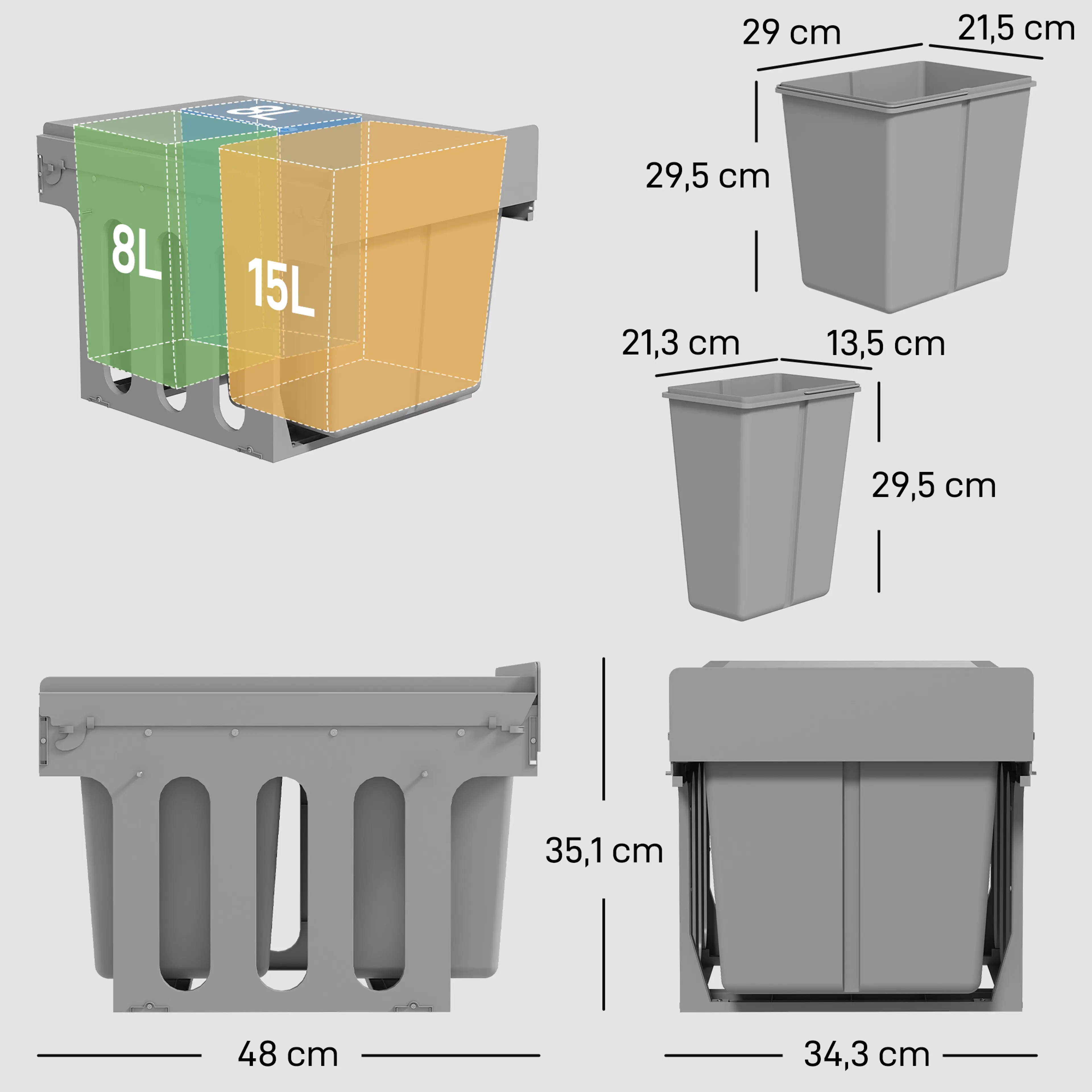 Måttritning: den utdragbara soptunnan rymmer 15 liter plus två på 8, och mäter 48 × 34,3 × 35,1 cm utdragen