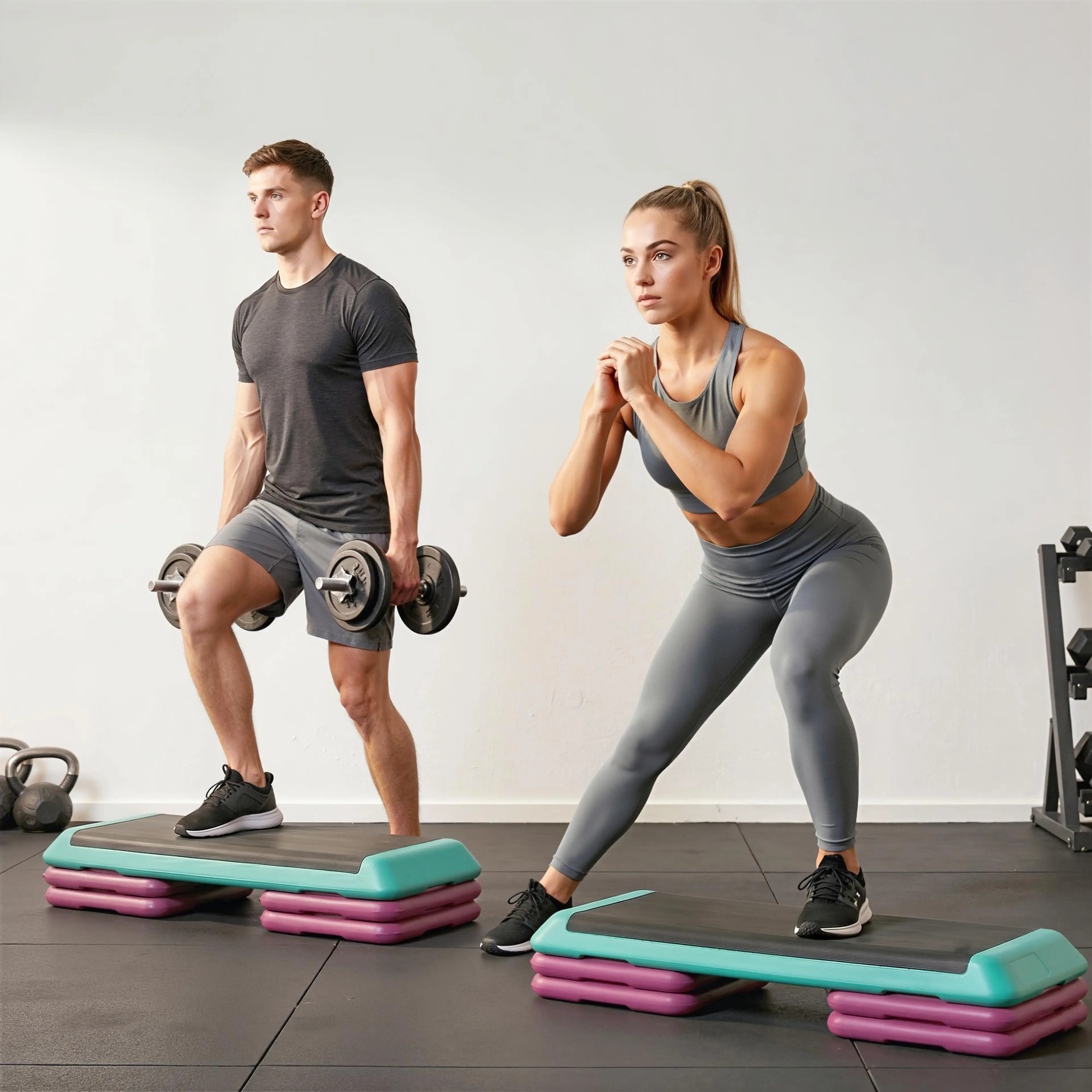 En man och en kvinna tränar på var sin stegbräda i ett gym