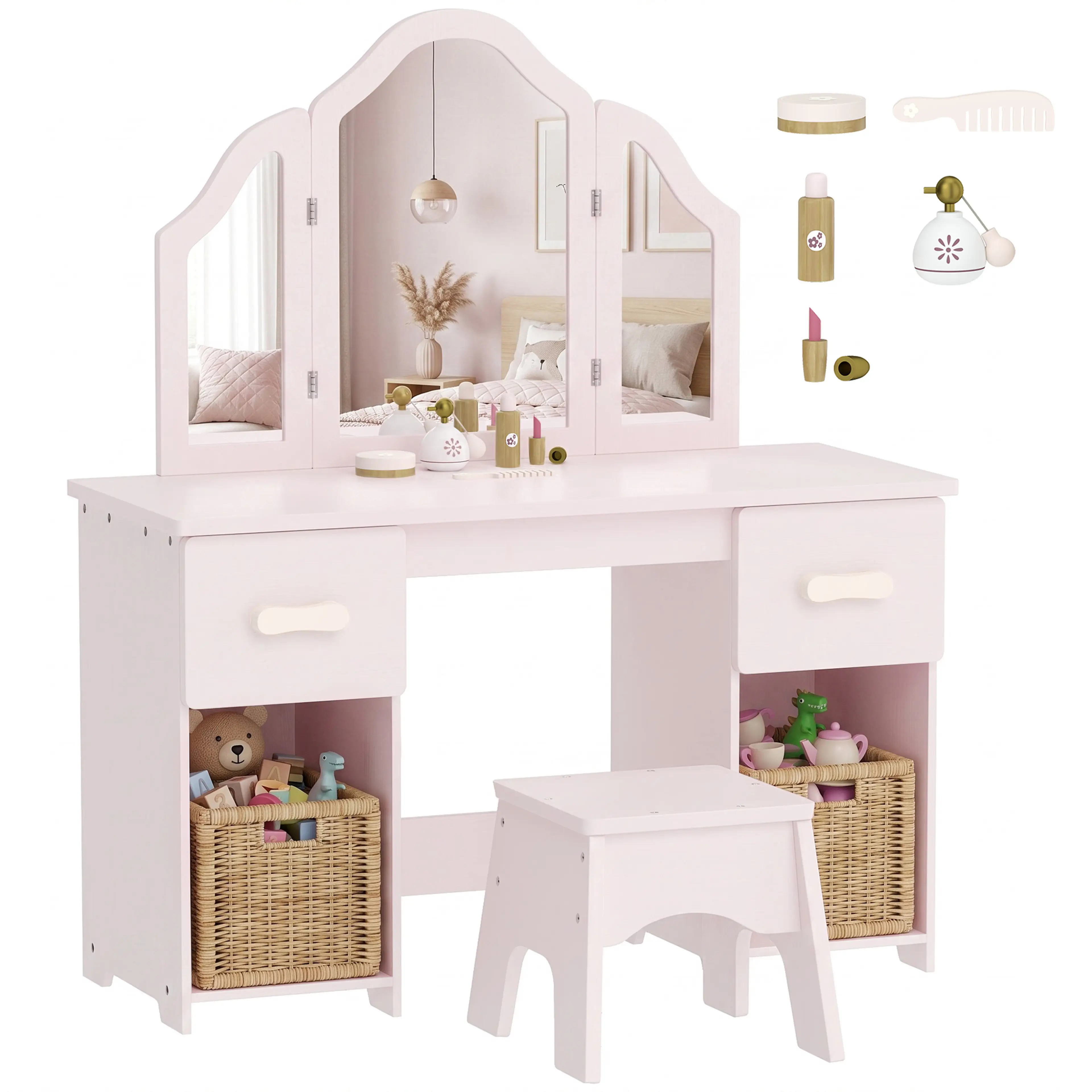 Sminkbord barn 2-i-1 – avtagbar spegel, blir skrivbord, 79,5 cm