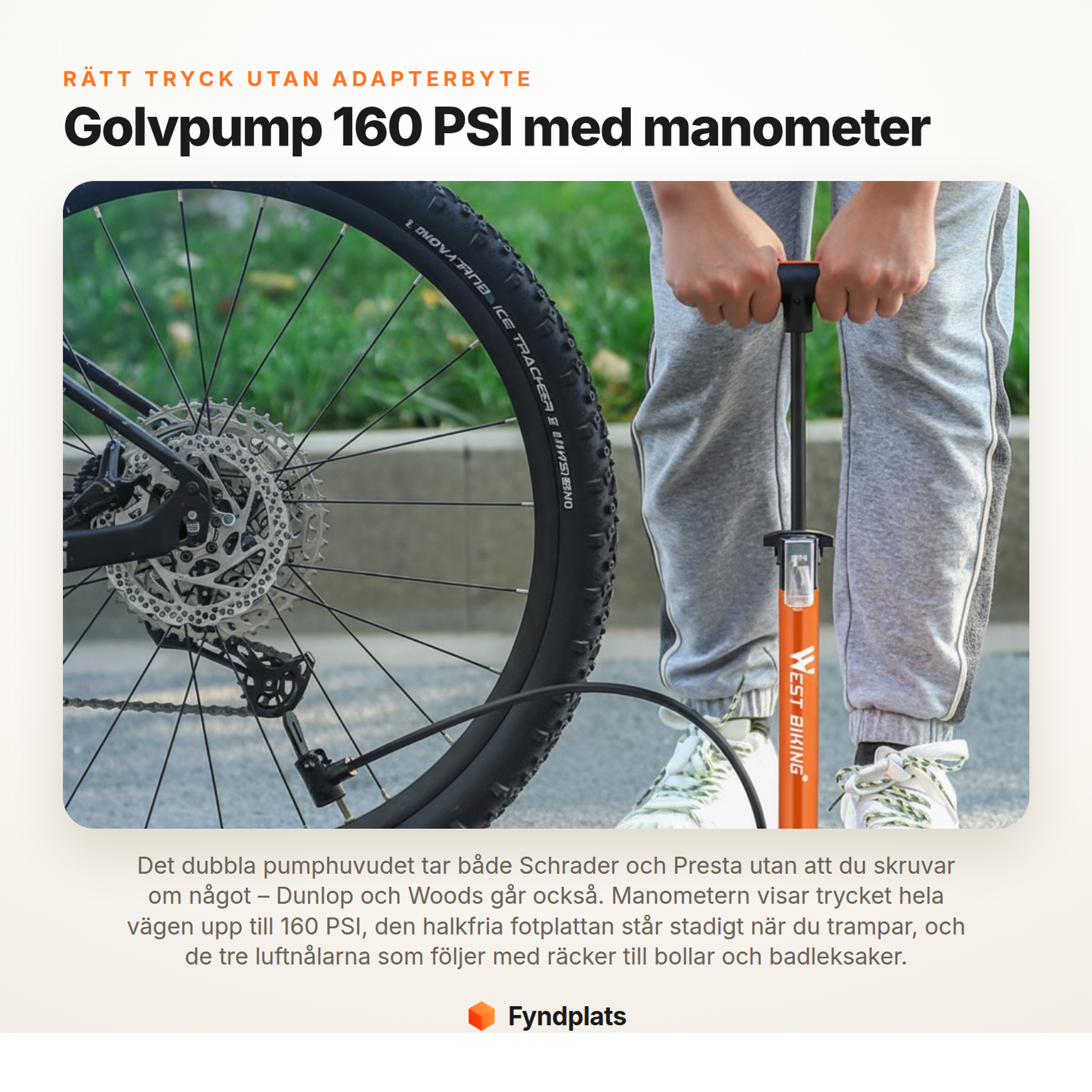 Fyndplats faktakort: golvpump 160 PSI med dubbelt pumphuvud för Schrader och Presta