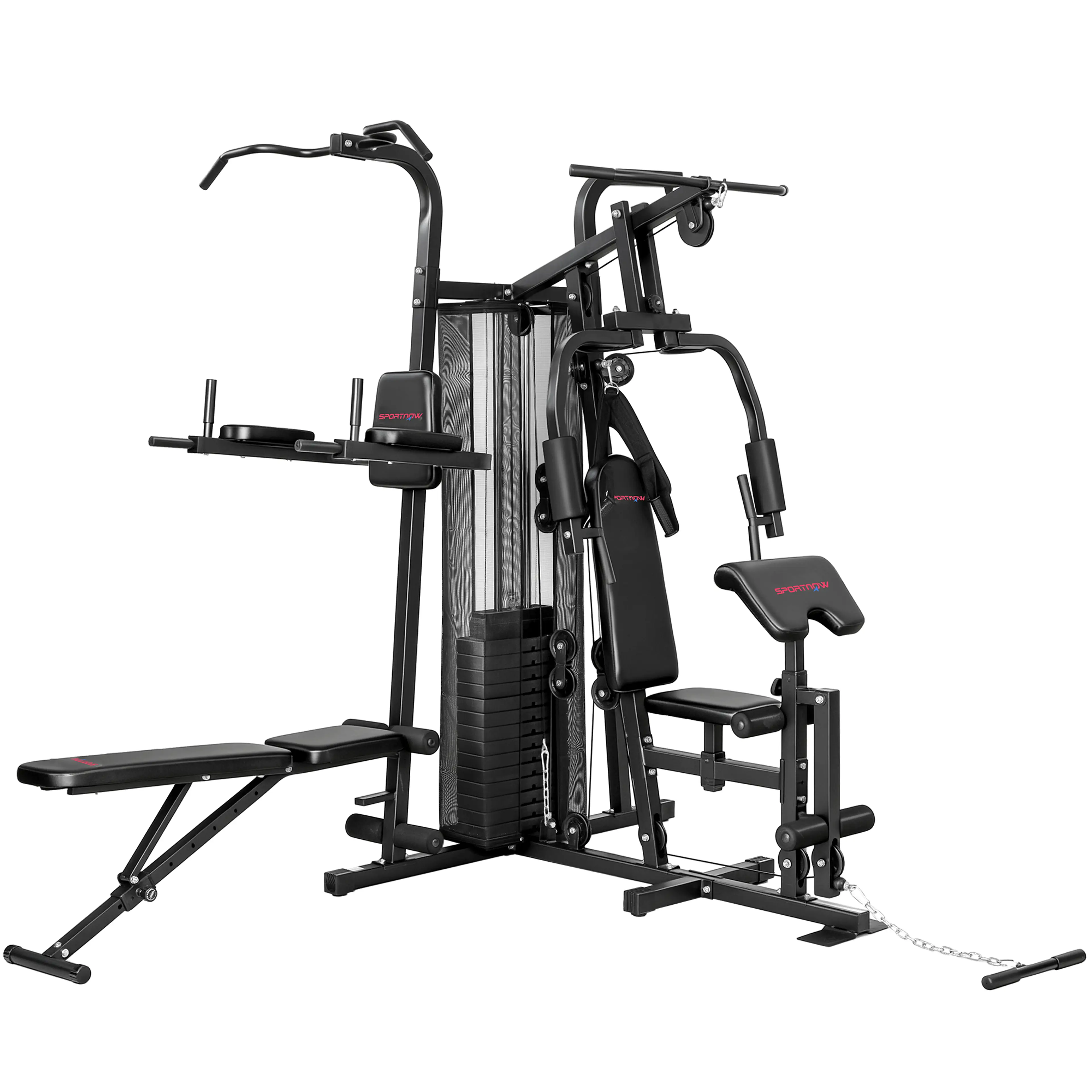 Svart multigym med dipstation, viktblock och separat justerbar träningsbänk