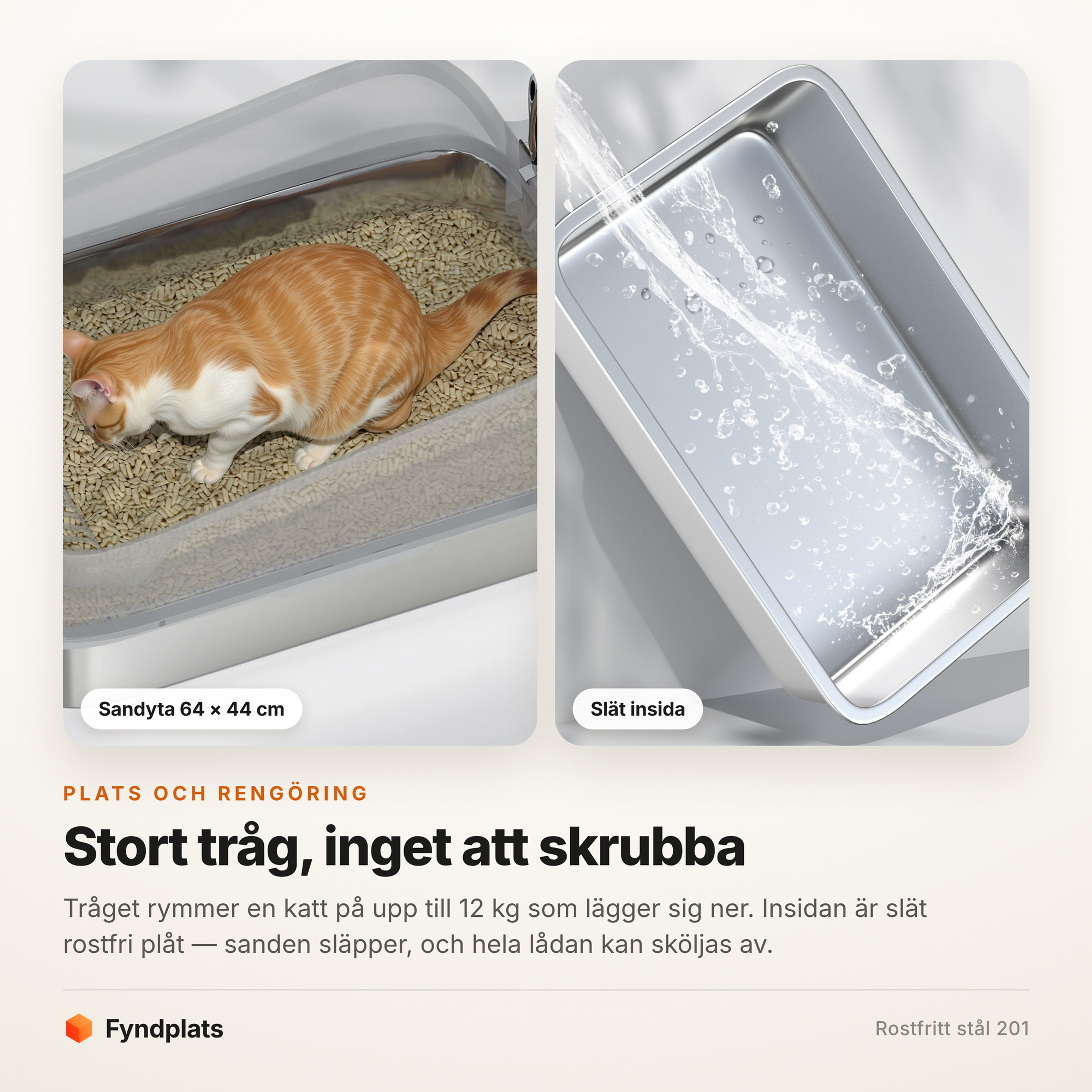 Sandytan på 64 × 44 cm rymmer en katt som lägger sig ner, och insidan sköljs ren