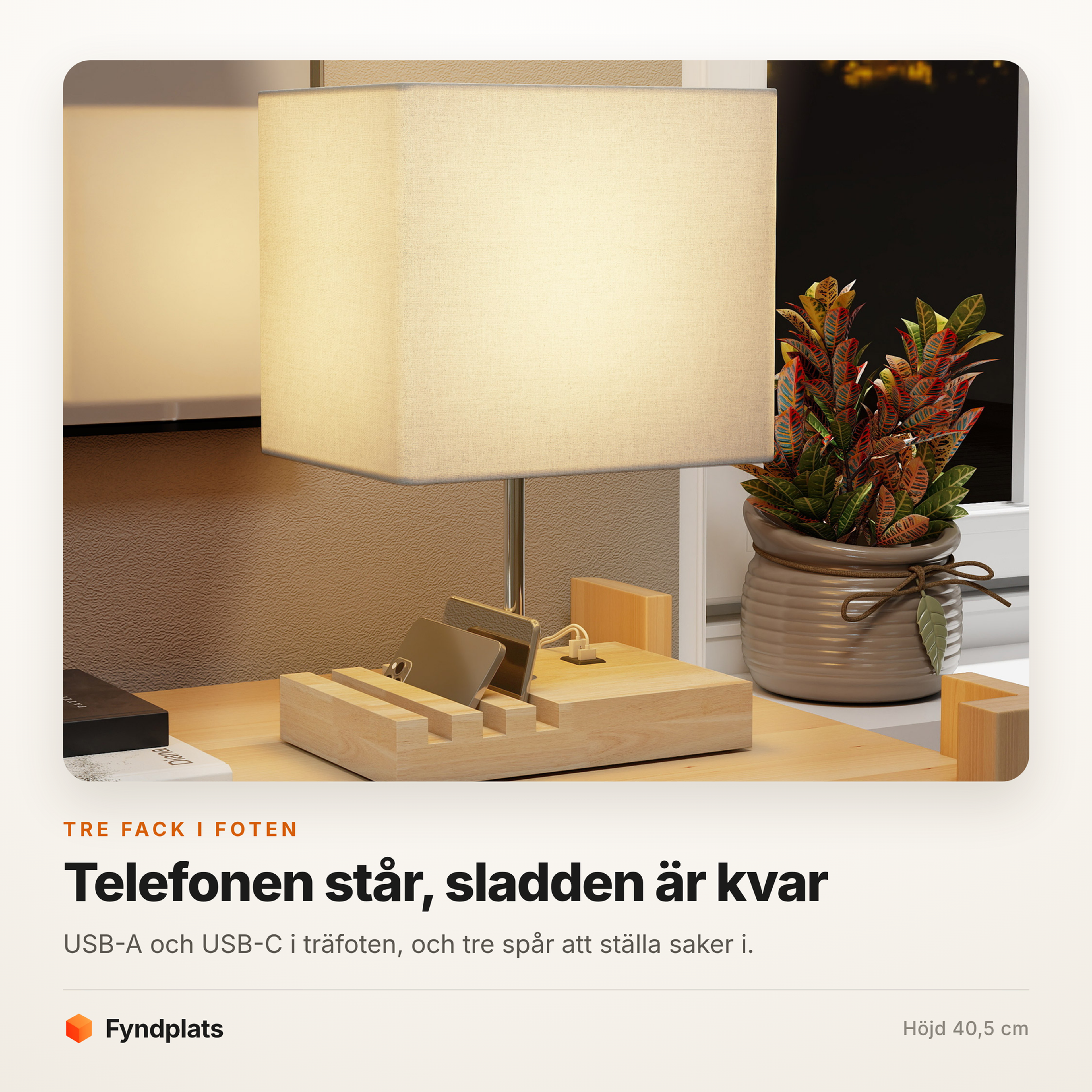 Bordslampa i trä med USB-A och USB-C – tre fack i foten, 40,5 cm – bild 2