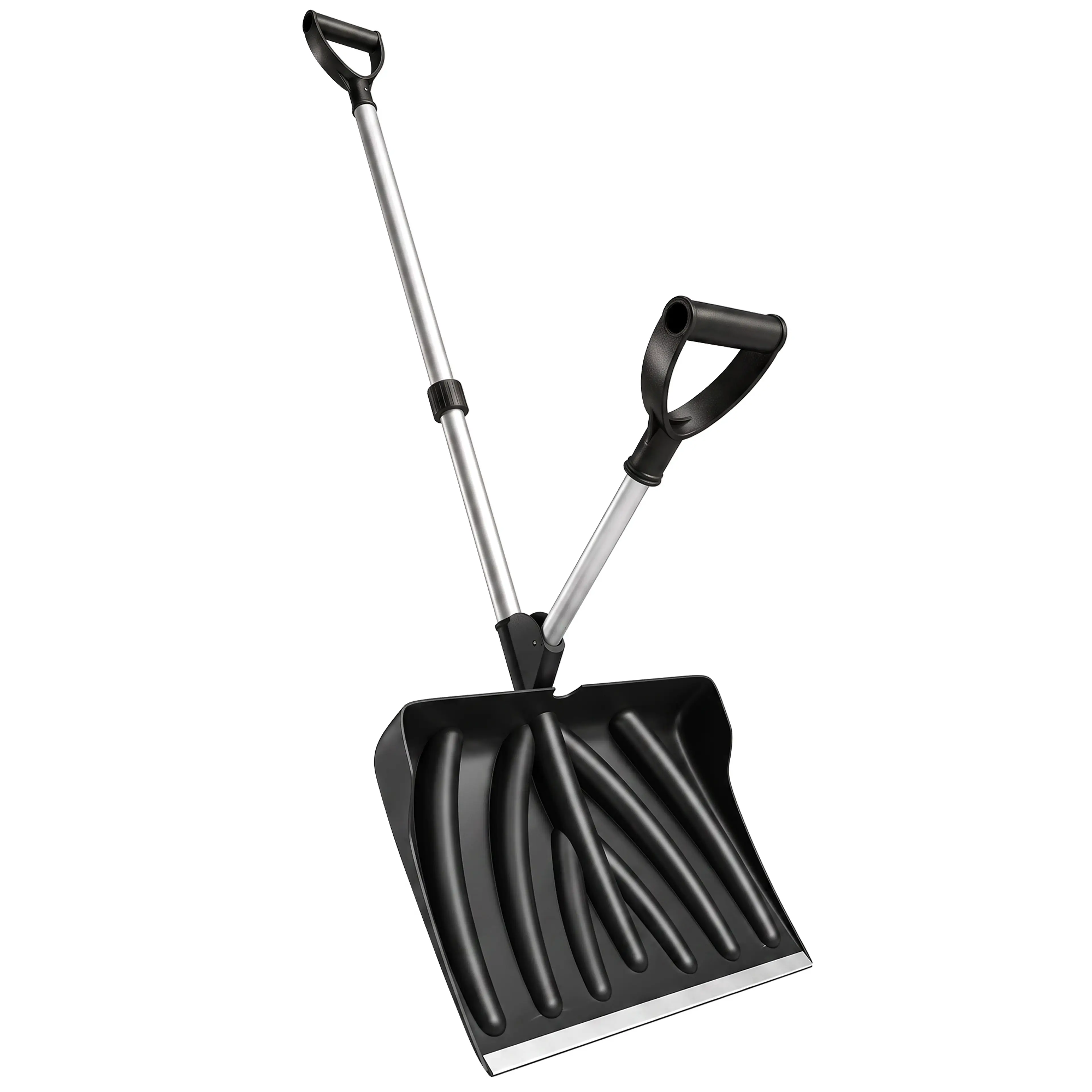 Svart snöskyffel med aluminiumskaft, D-grepp och extra handtag