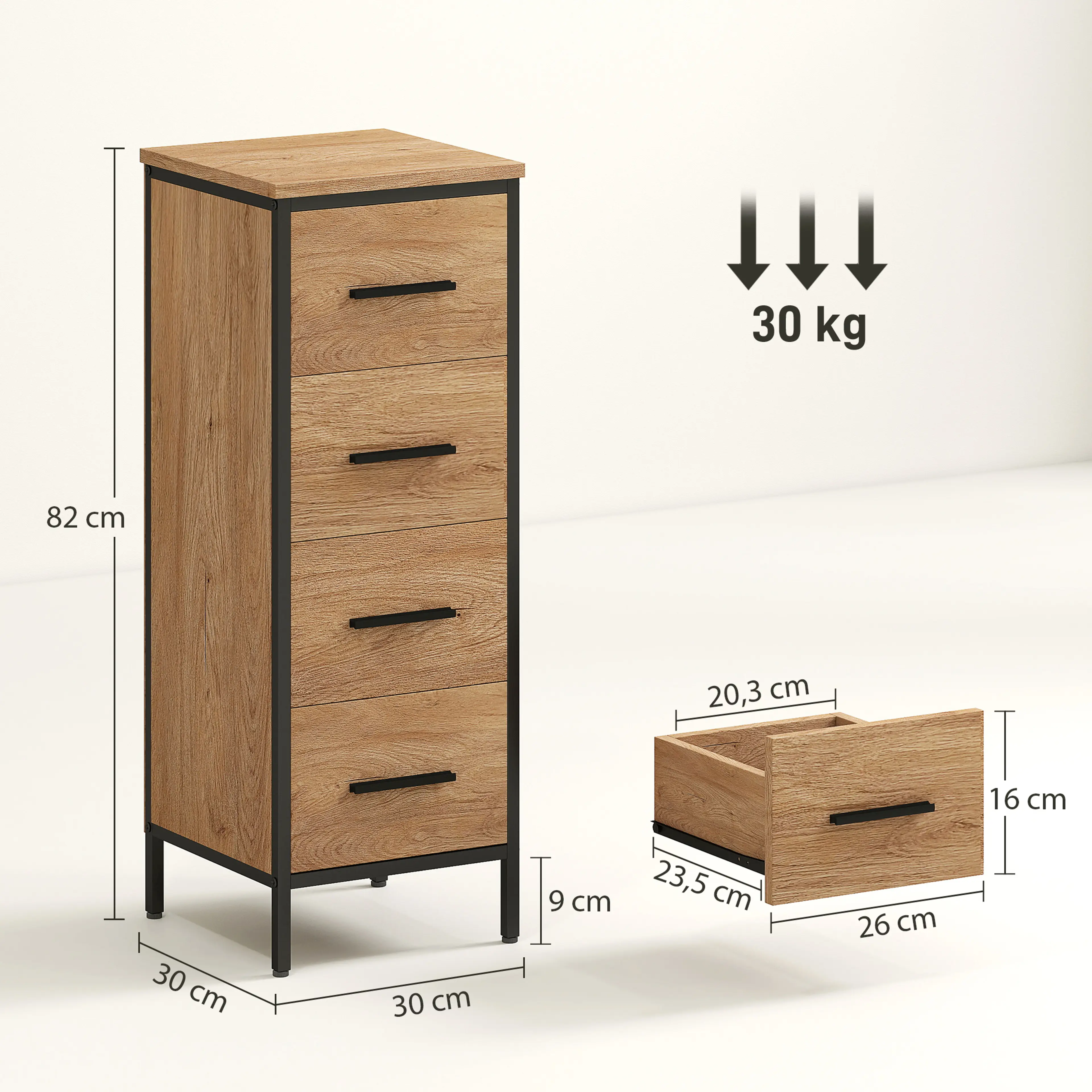 Måttbild: skåpet är 30 × 30 cm och 82 cm högt, lådan 20,3 × 23,5 cm invändigt