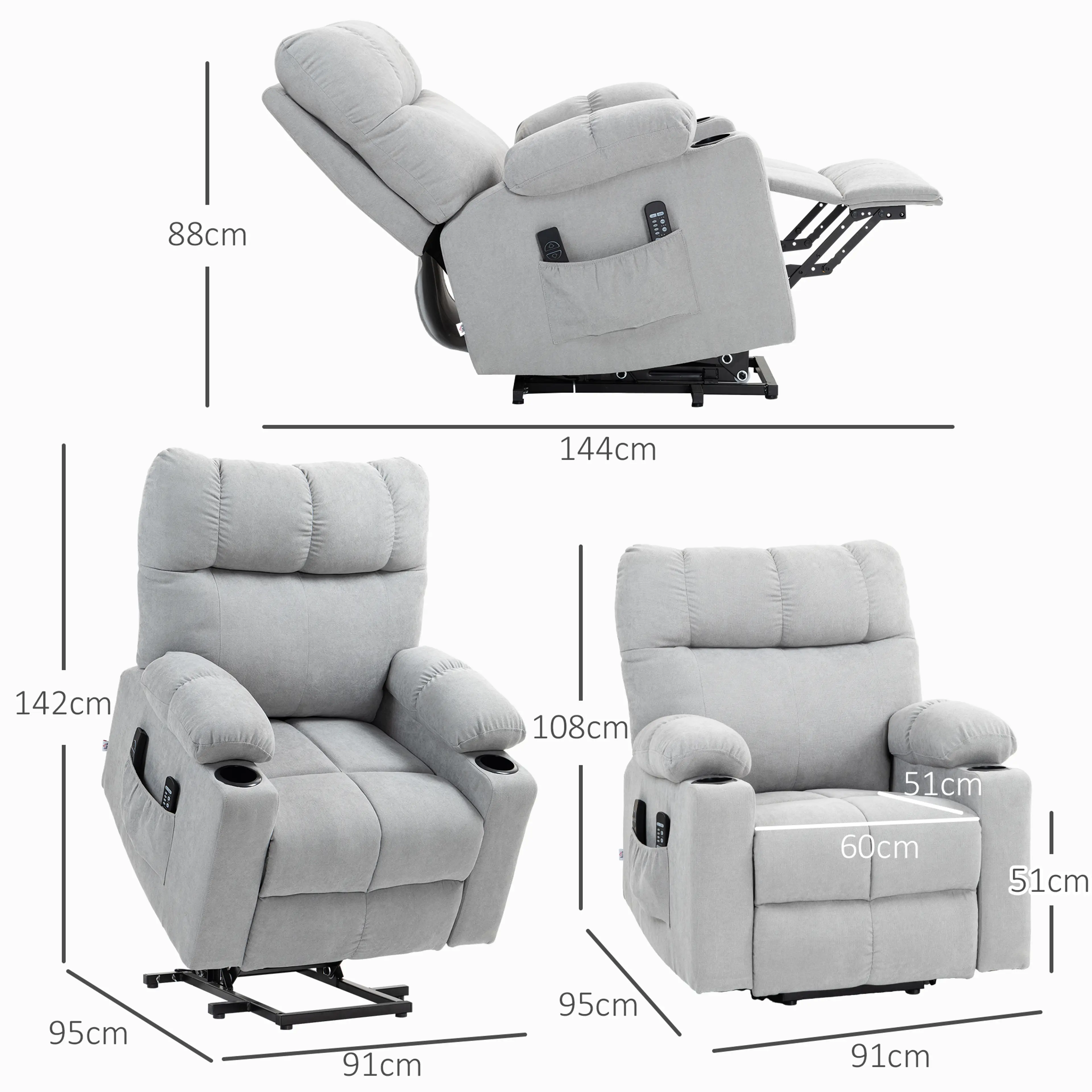 Uppresningsfåtölj ljusgrå med mugghållare – massage, ländvärme och 60 cm sits – bild 4
