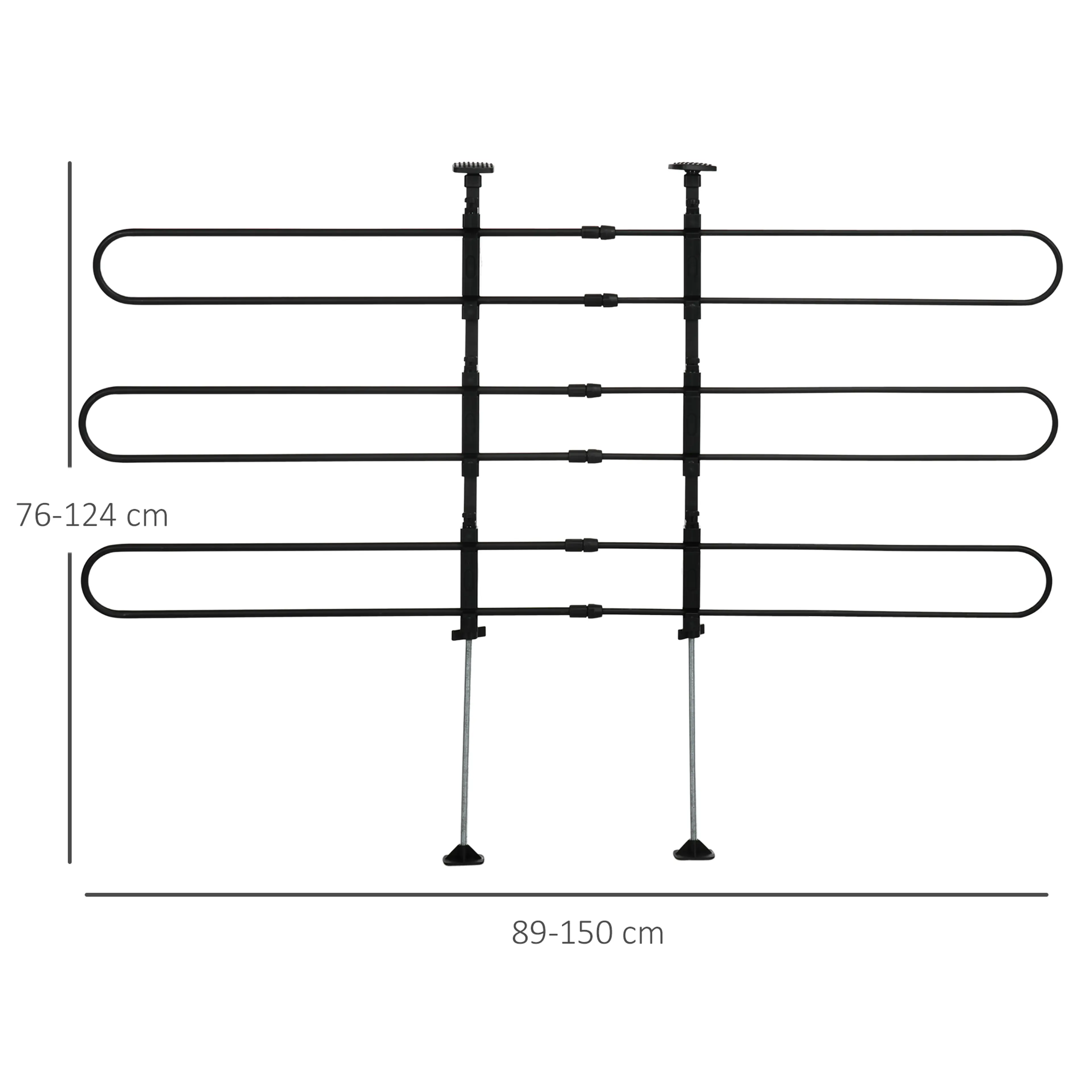 Måttskiss: gallret 89–150 cm brett och 76–124 cm högt