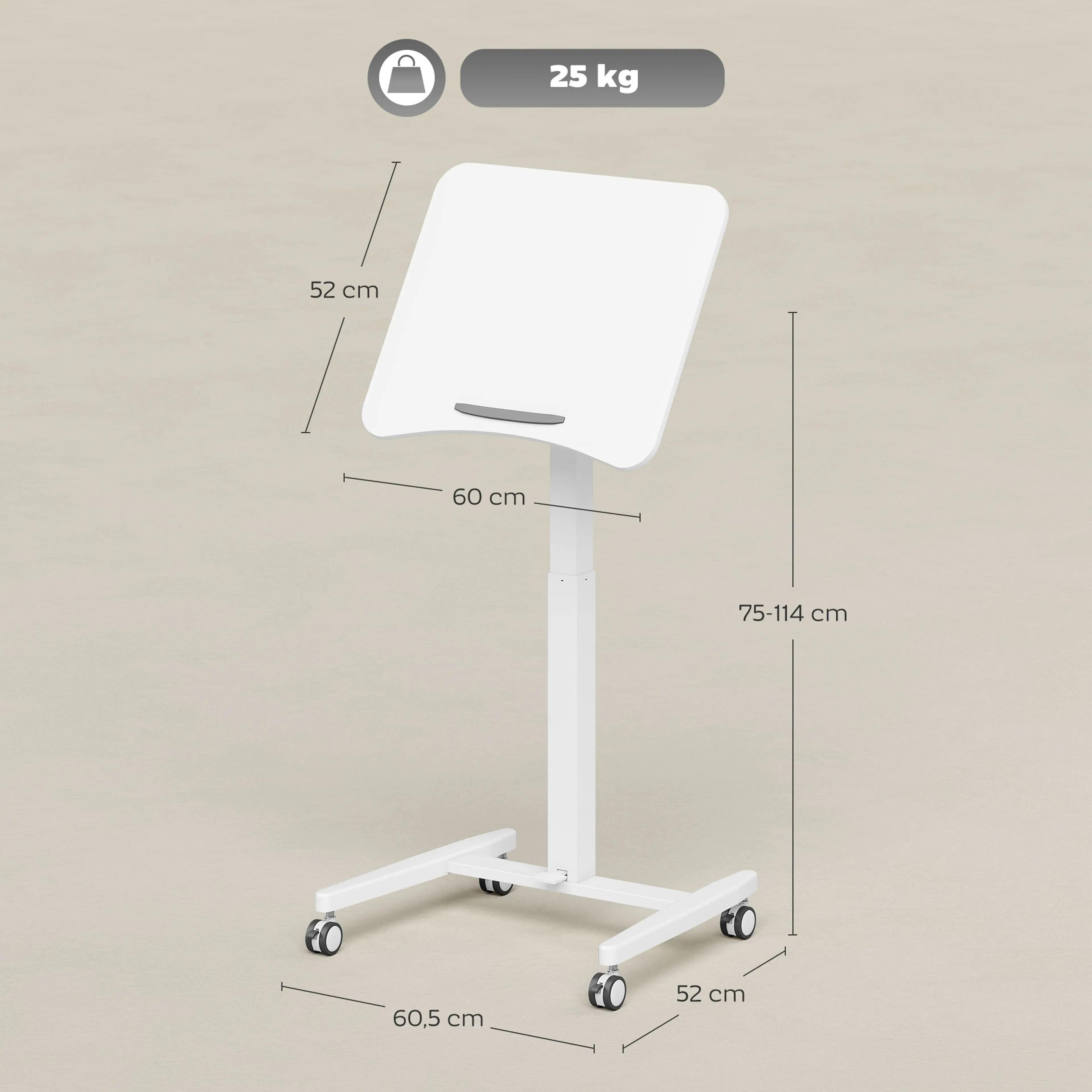 Måttskiss: höjd 75–114 cm, skiva 60 × 52 cm, golvyta 60,5 × 52 cm och maxlast 25 kg