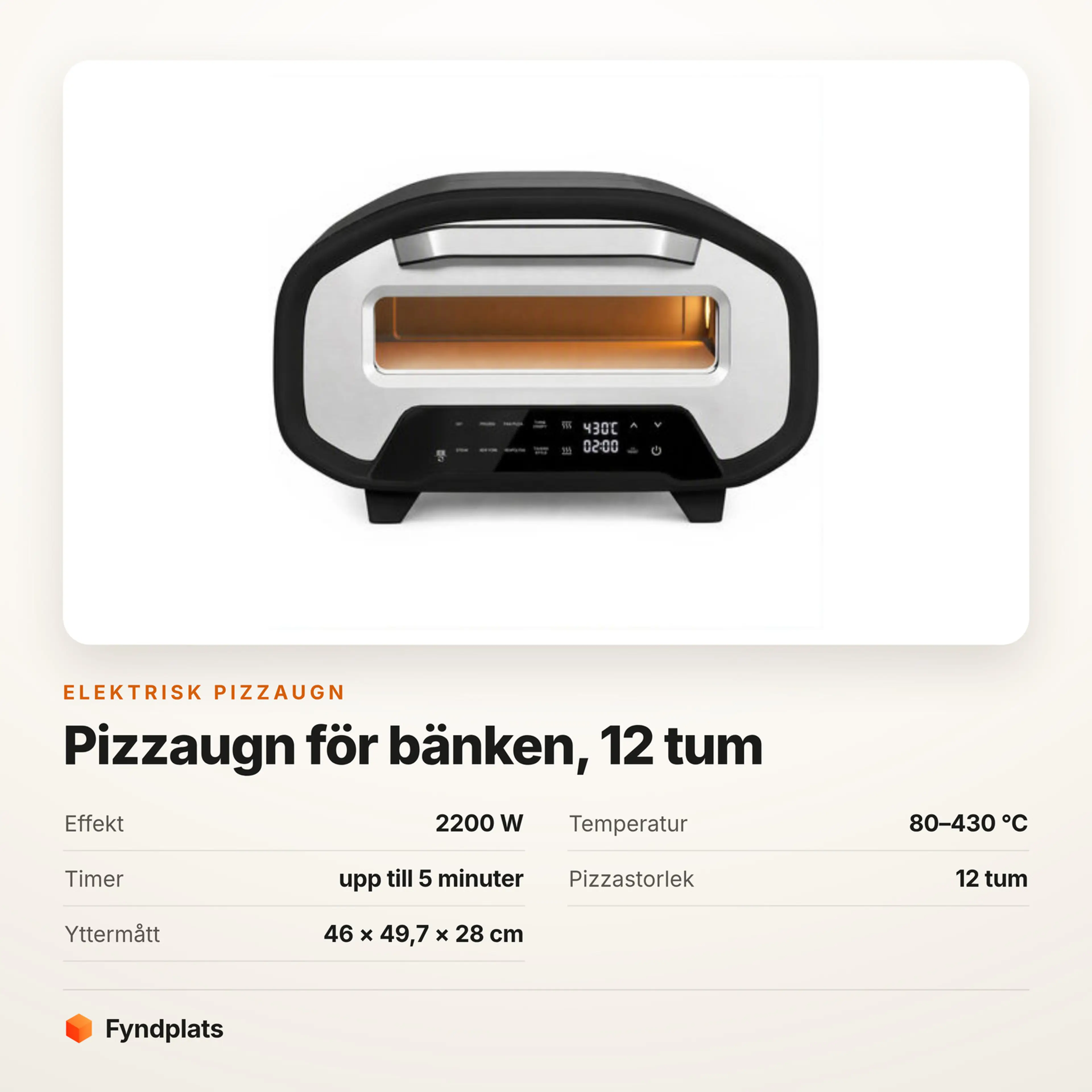 Faktakort: 2200 W, 80–430 °C, femminuterstimer och keramiksten på 12 tum. Yttermått 46 × 49,7 × 28 cm.
