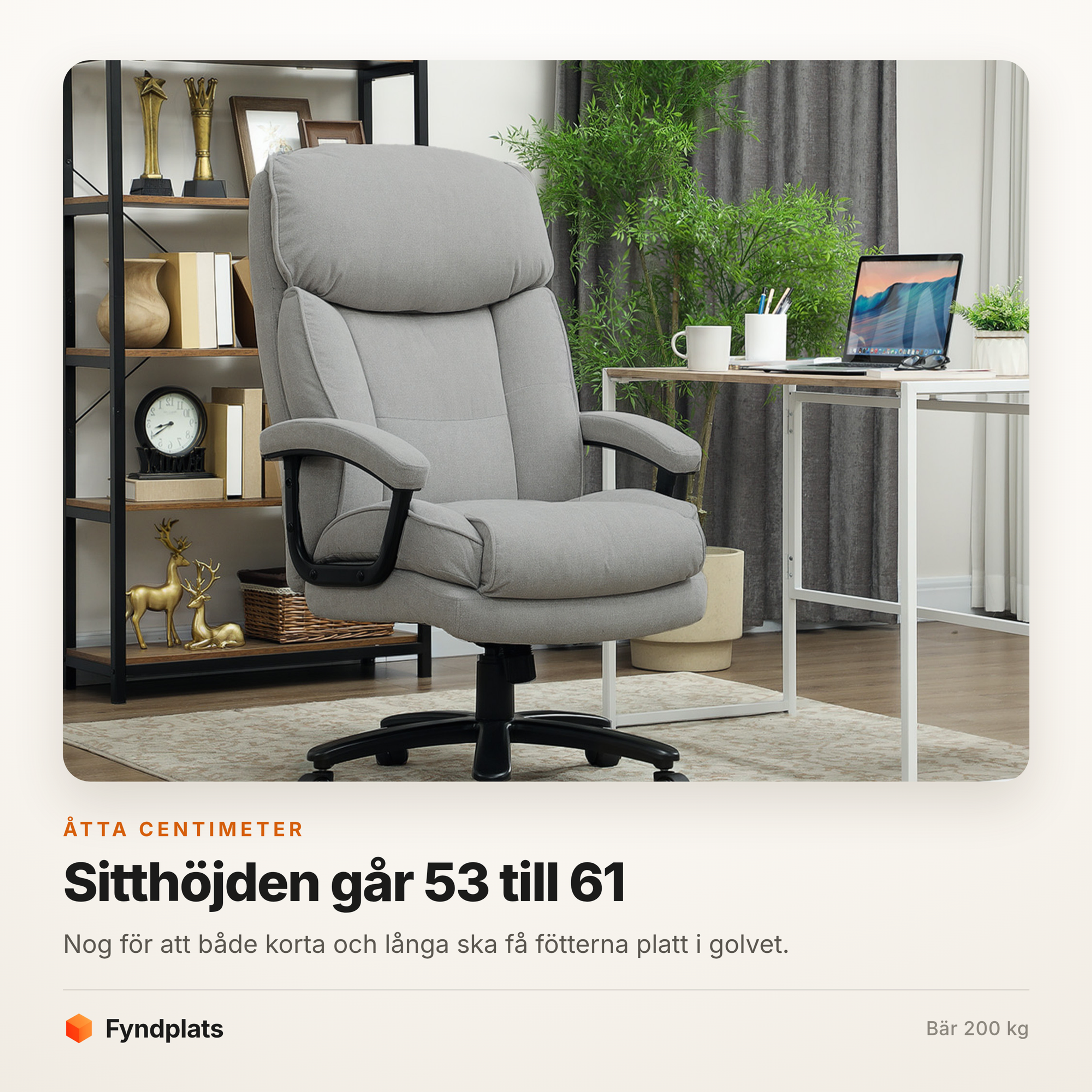 Kontorsstol ljusgrå som bär 200 kg – sitthöjd 53–61 cm – bild 2