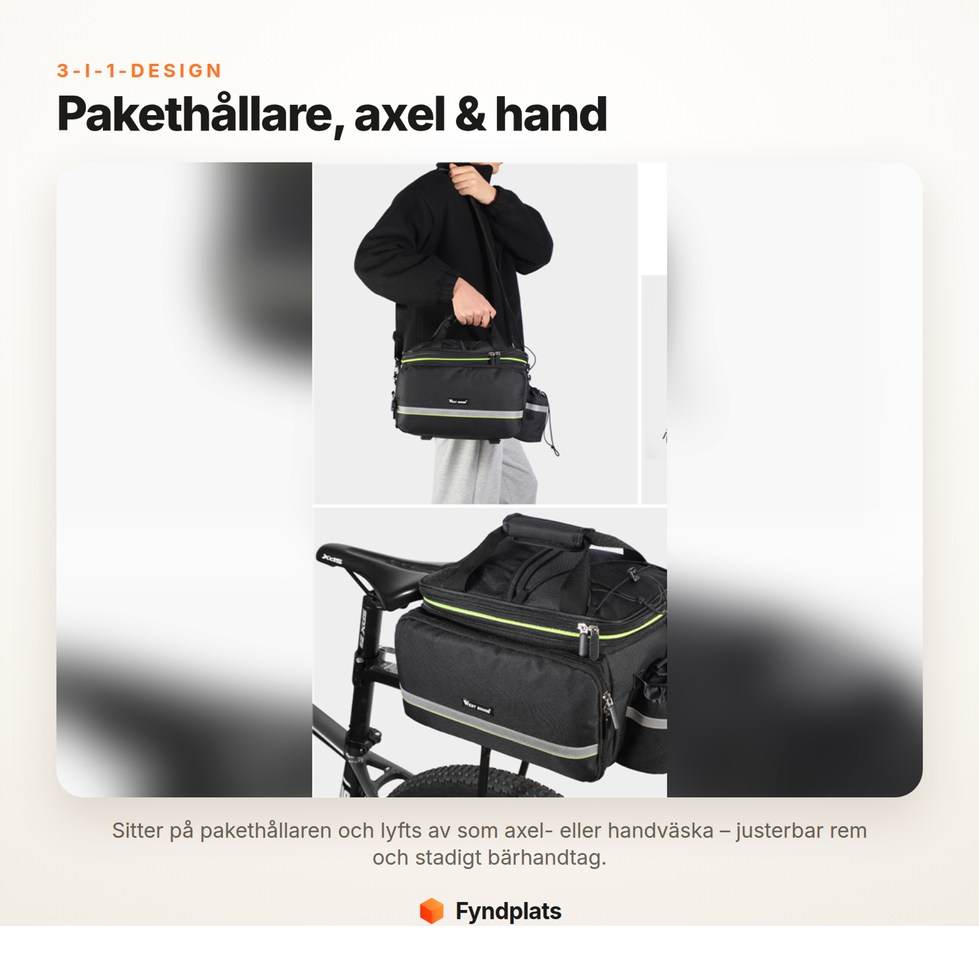 Fyndplats-kort: 3-i-1-design – pakethållarväska, axelväska och handväska