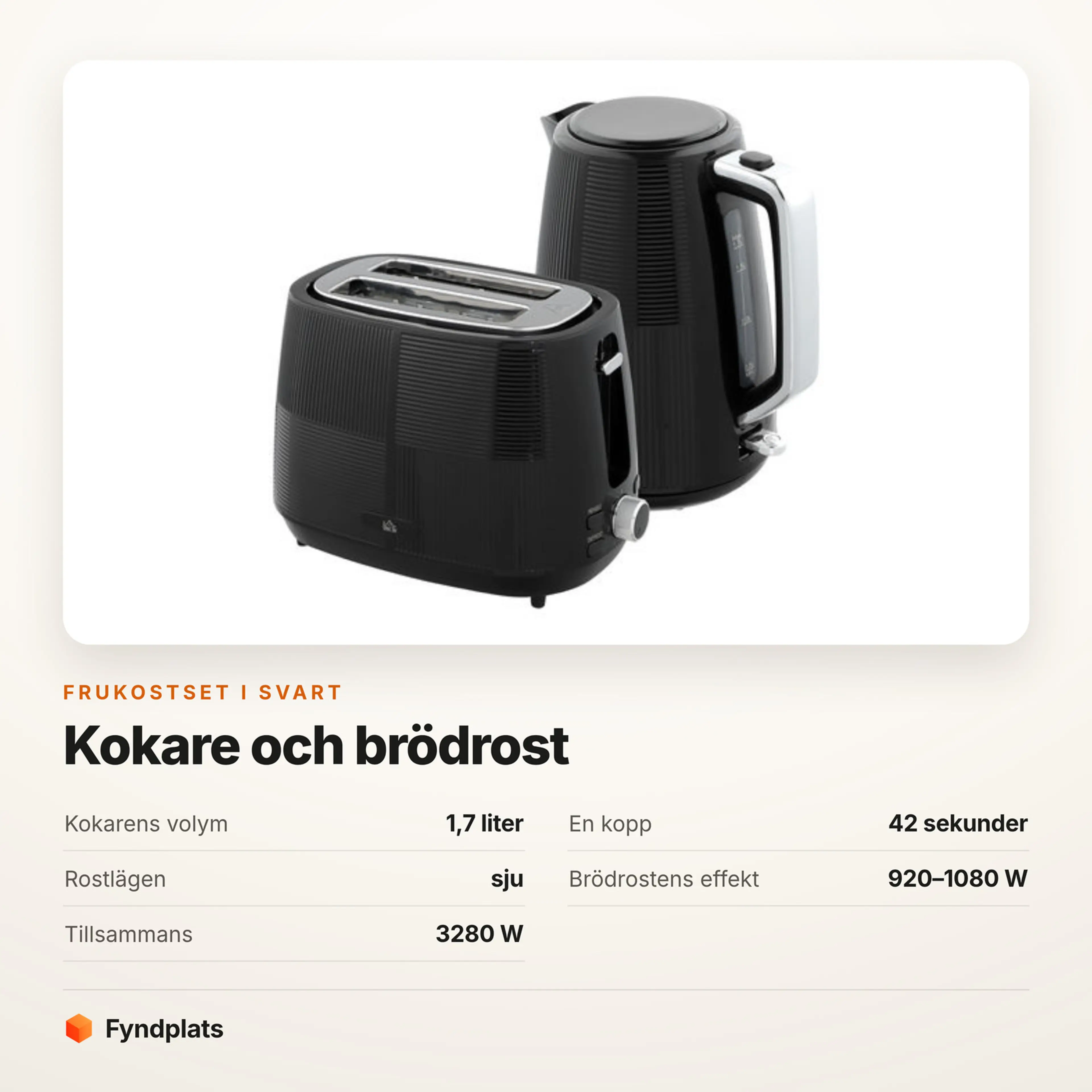 Specifikationer för frukostsetet: kokare 1,7 liter, en kopp på 42 sekunder, sju rostlägen och 3280 W tillsammans