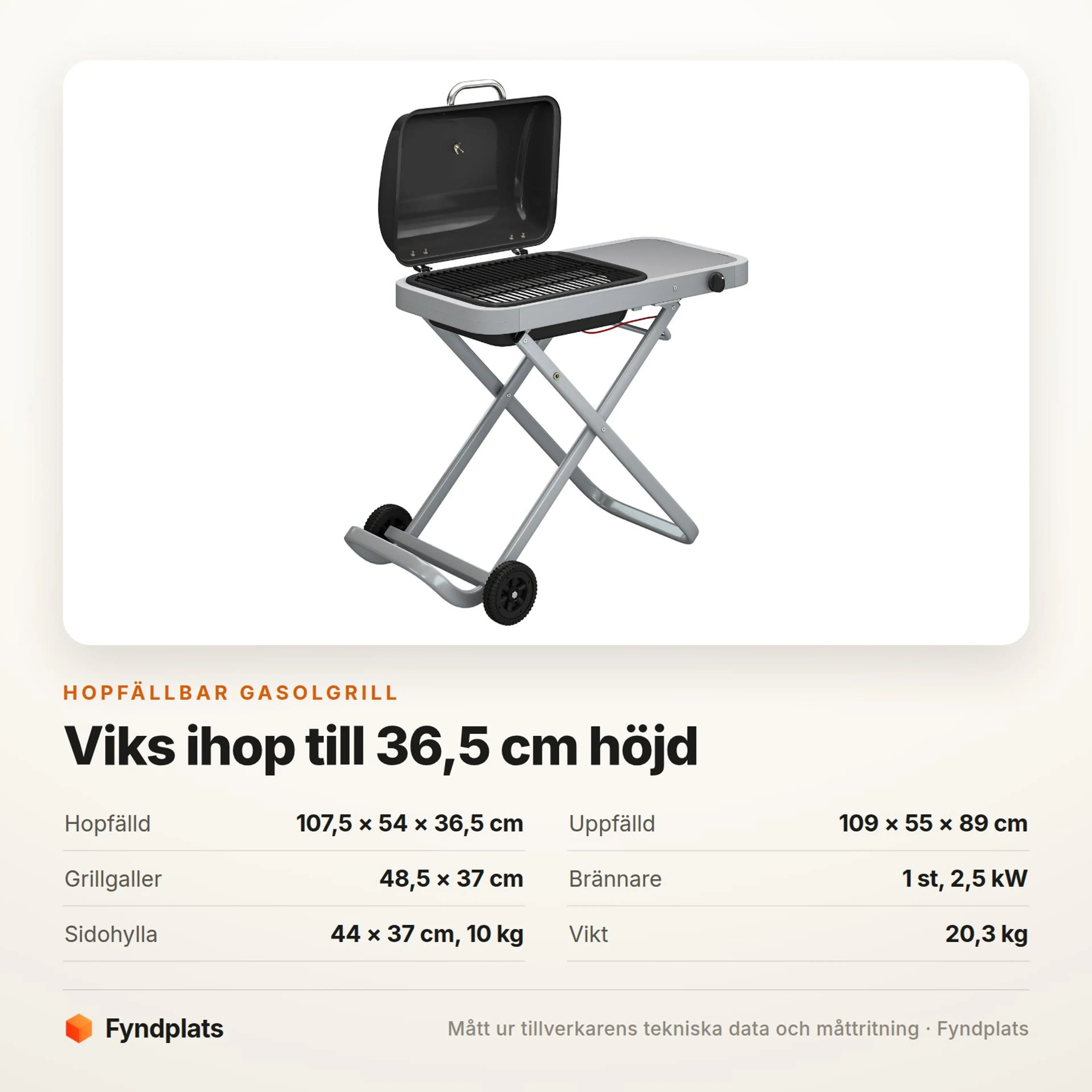 Spec-kort: hopfälld 107,5 × 54 × 36,5 cm, galler 48,5 × 37 cm och vikt 20,3 kg