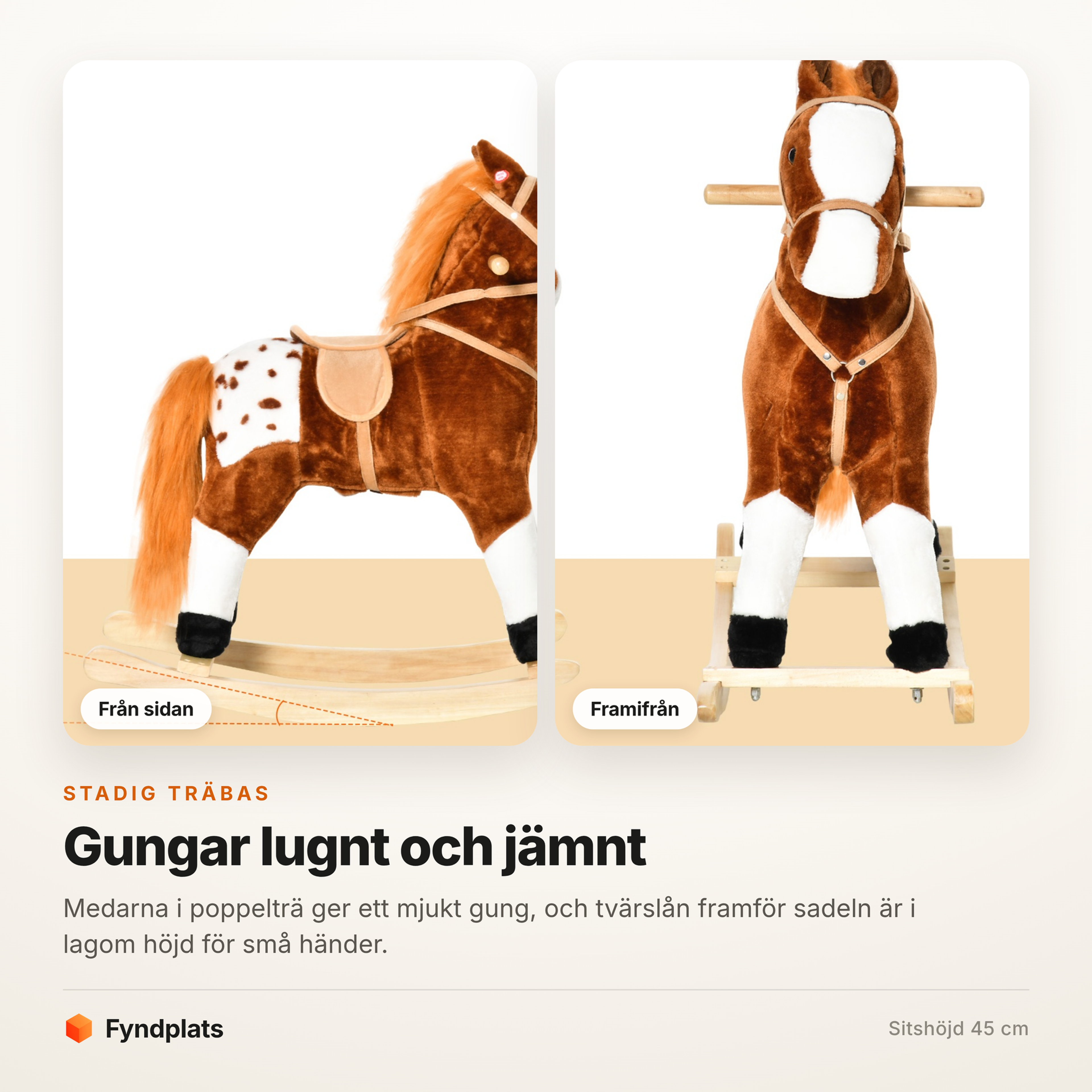Fyndplats-kort som visar gunghästen från sidan och framifrån med medarna i poppelträ
