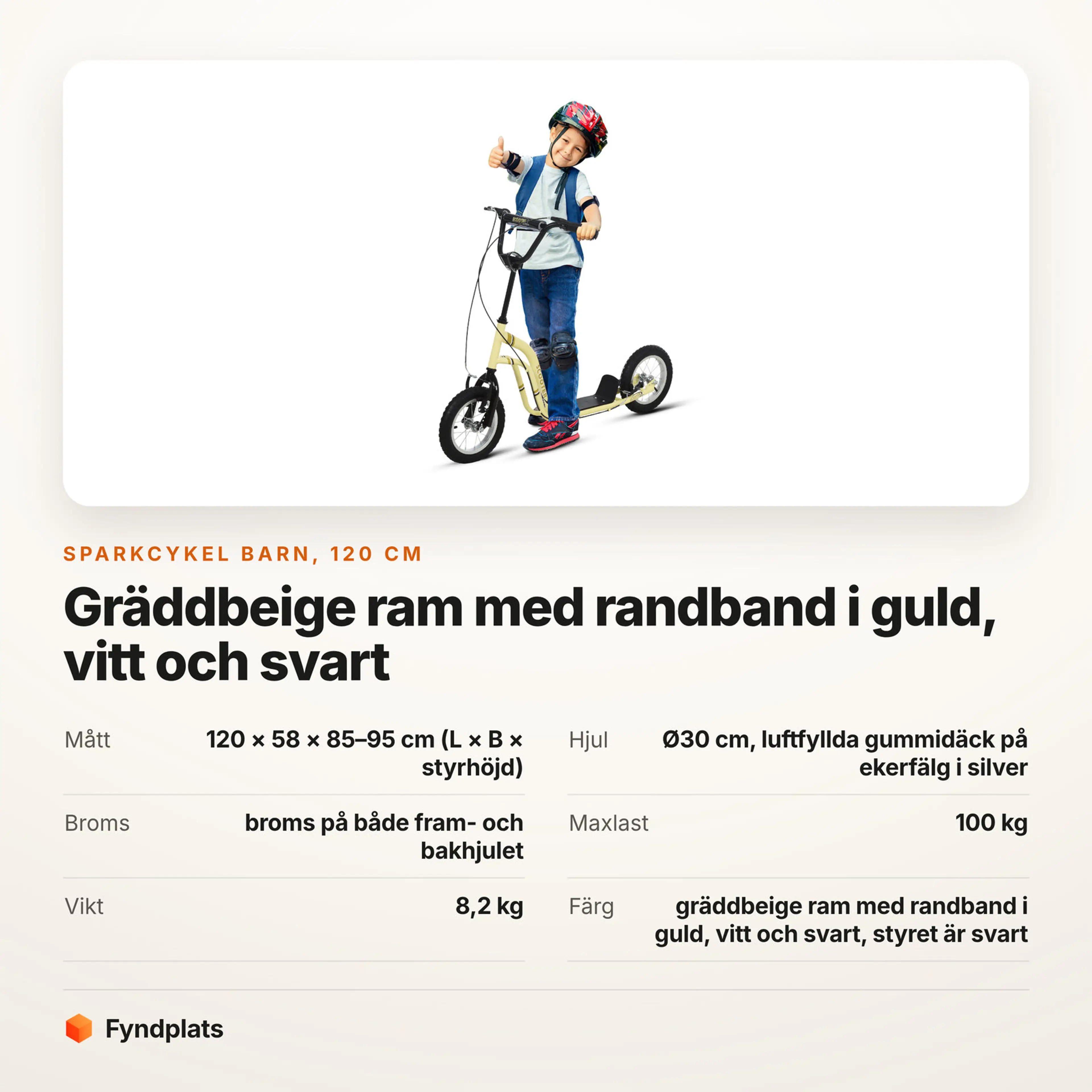 Faktakort: sparkcykel barn 120 cm, gräddbeige ram med randband i guld, vitt och svart