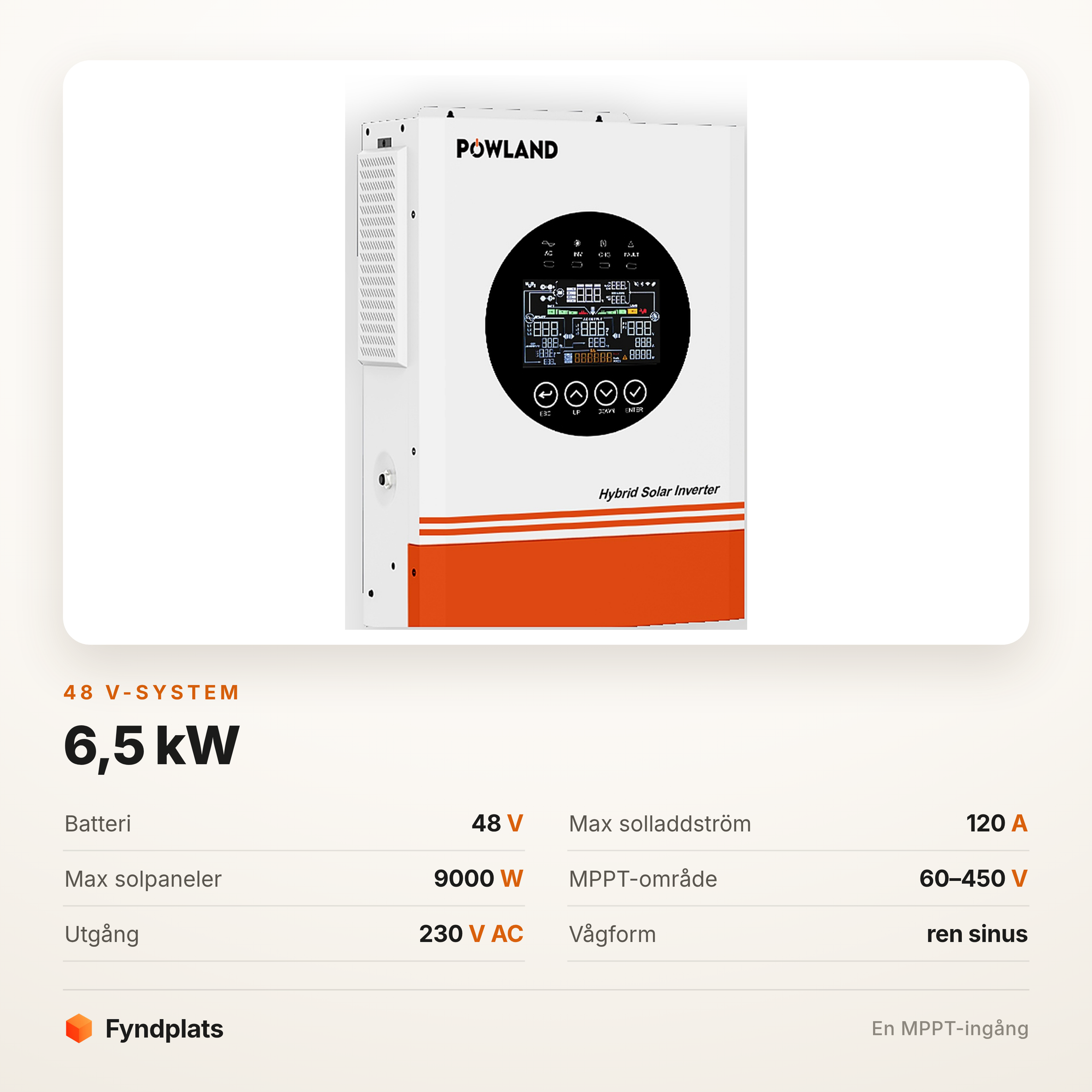 Hybridväxelriktare 6,5 kW för 48 V batteribank med rund färgdisplay