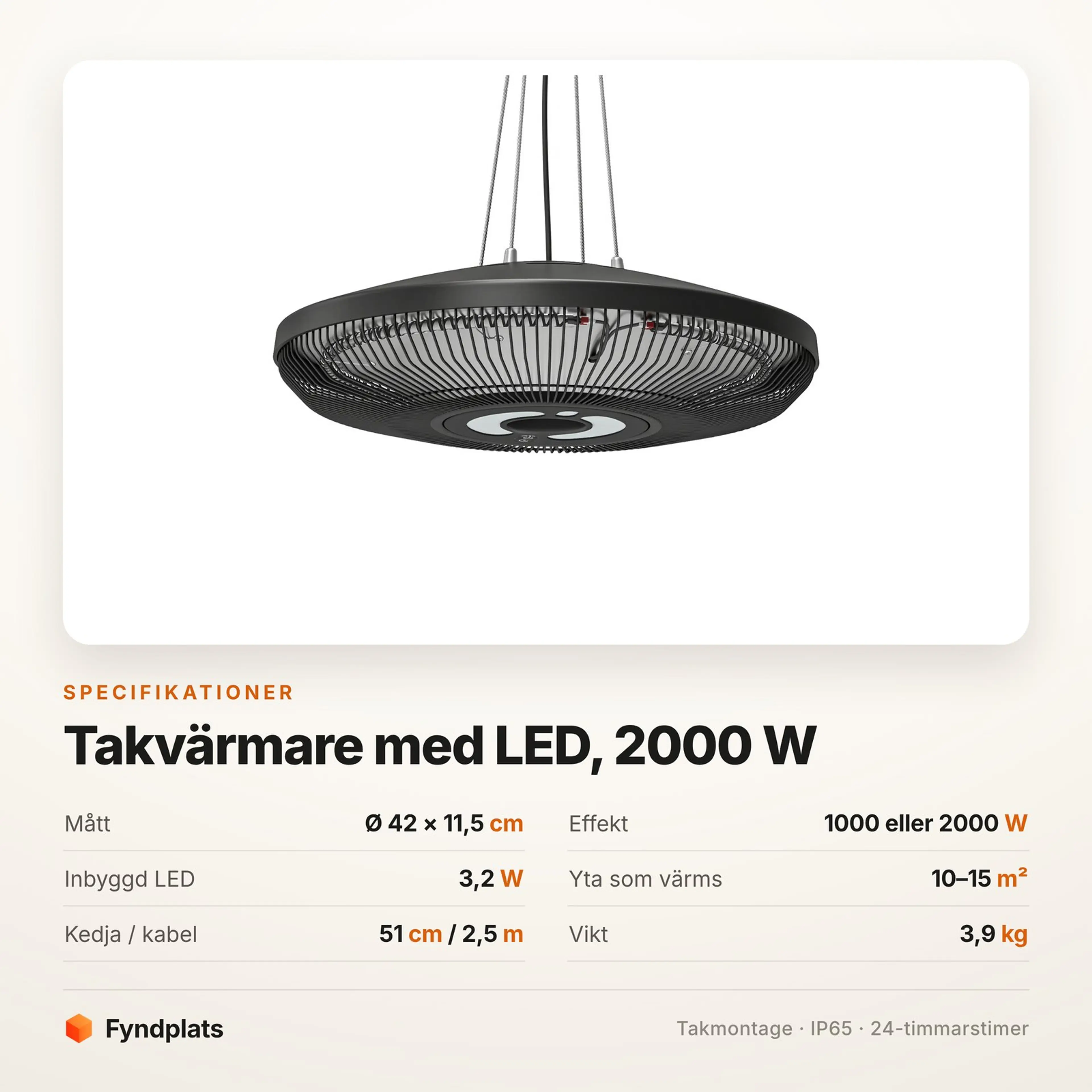Specifikationskort för takvärmaren: Ø 42 cm, 1000 eller 2000 W, LED 3,2 W och IP65