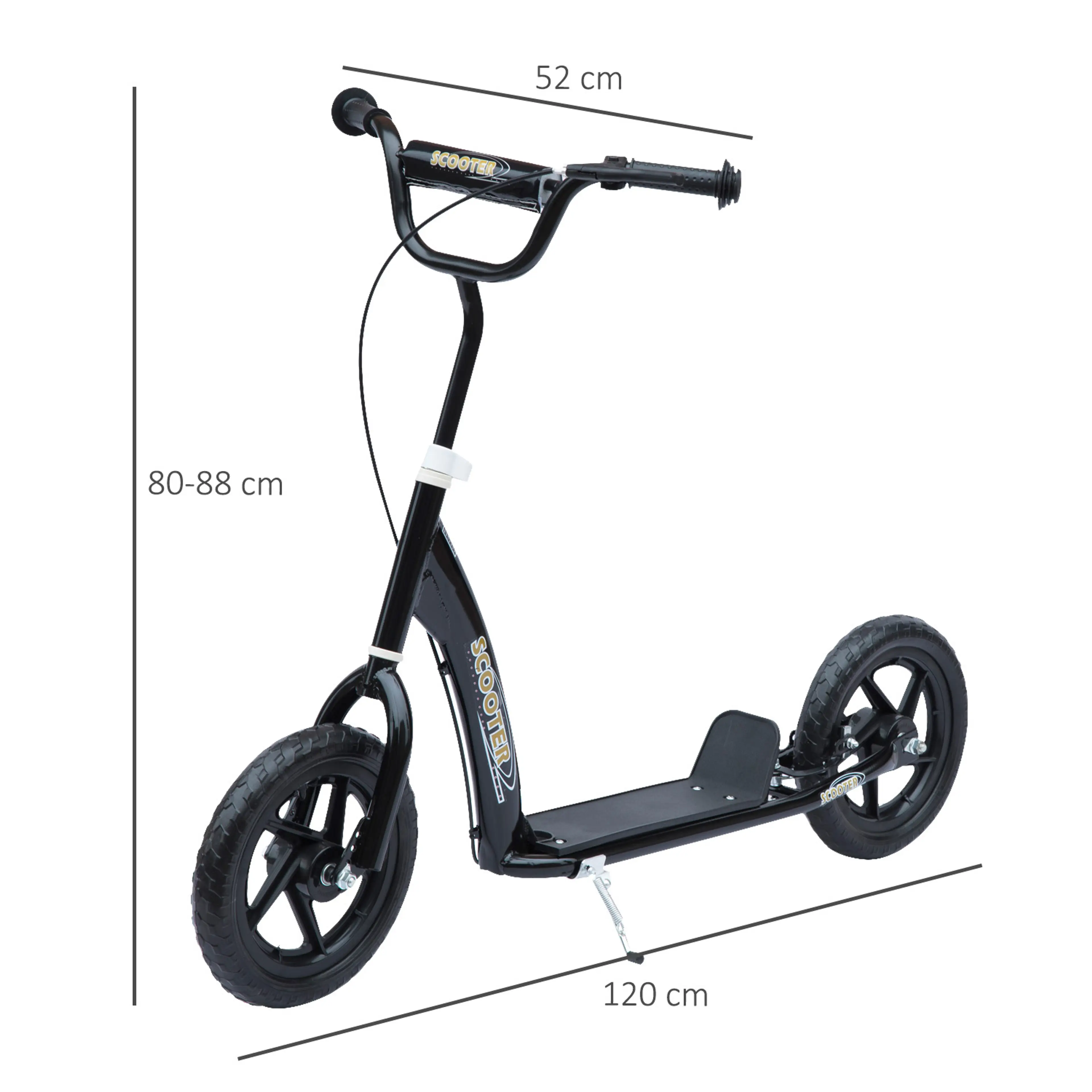 Måttritning för svart sparkcykel: 120 cm lång och styre 80–88 cm
