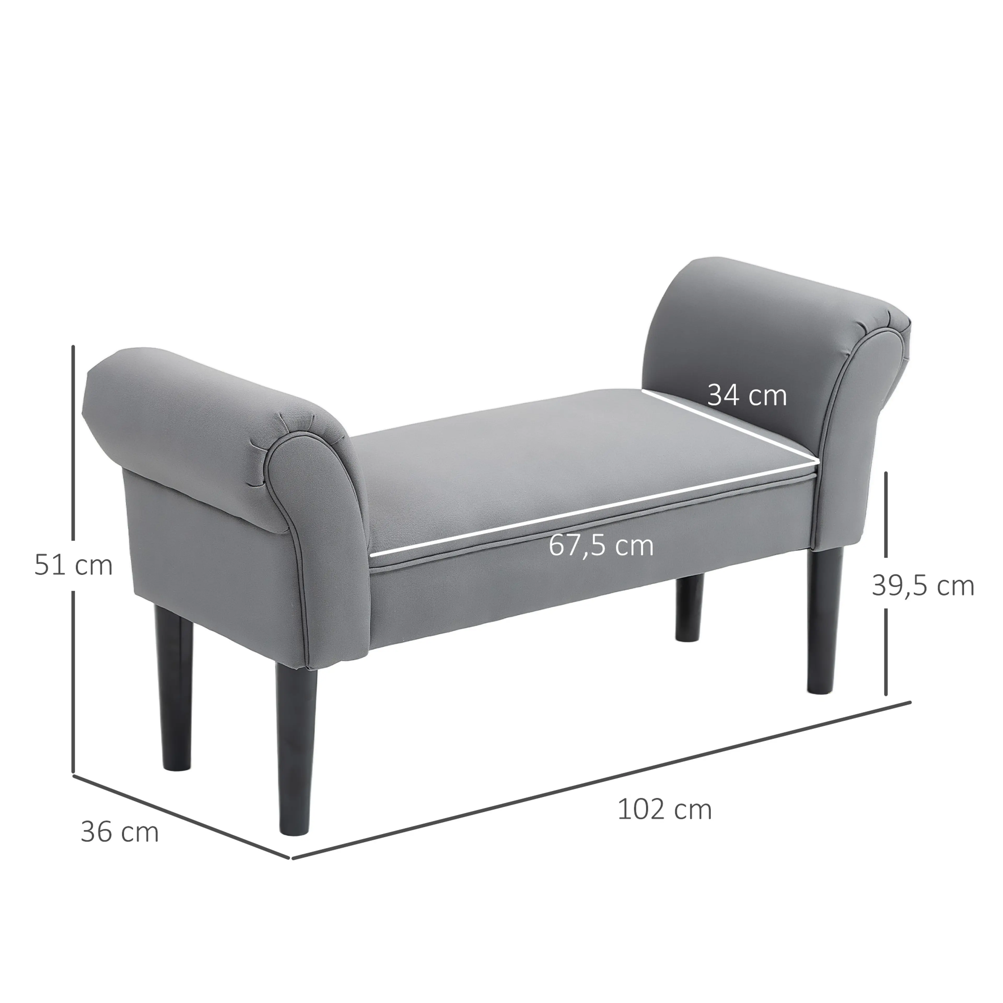 Måttskiss: bänken 102 cm lång, 36 cm djup och 51 cm hög, sittyta 67,5 cm