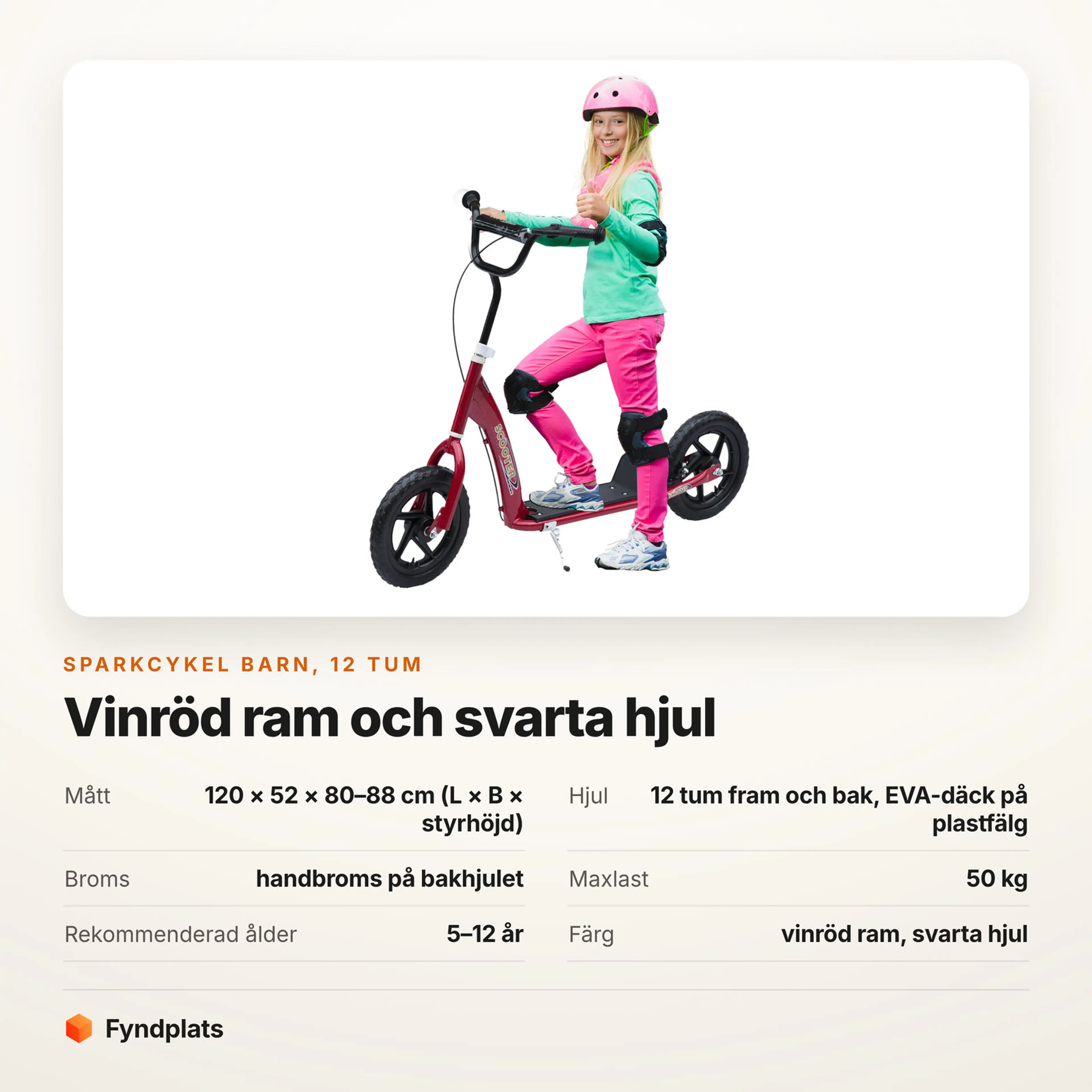Faktakort för vinröd sparkcykel barn: 12-tumshjul och handbroms på bakhjulet