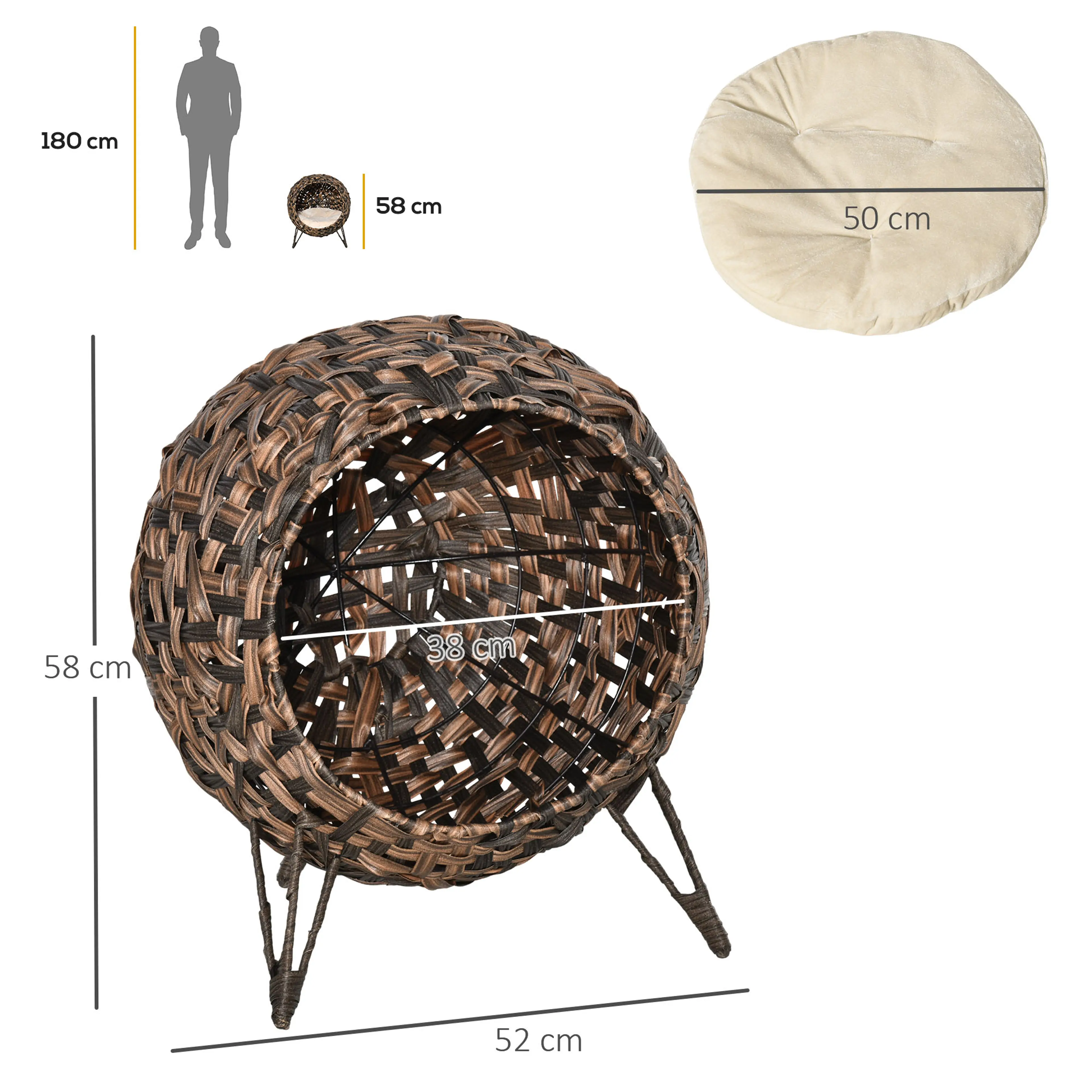 Måttritning av kattgrottan: diameter 52 cm, total höjd 58 cm, jämförd med en person