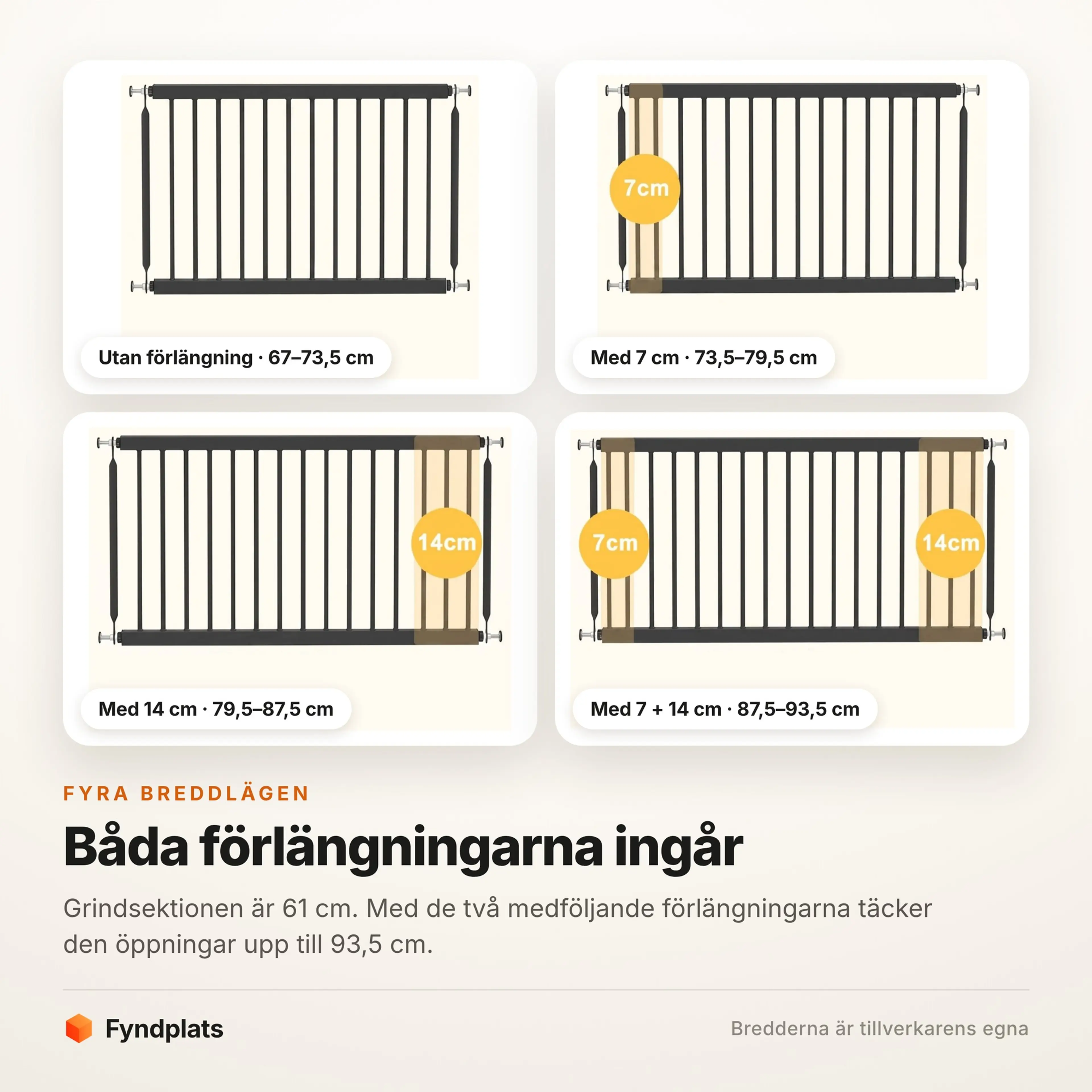 Fyra breddlägen: 67–73,5, 73,5–79,5, 79,5–87,5 och 87,5–93,5 cm
