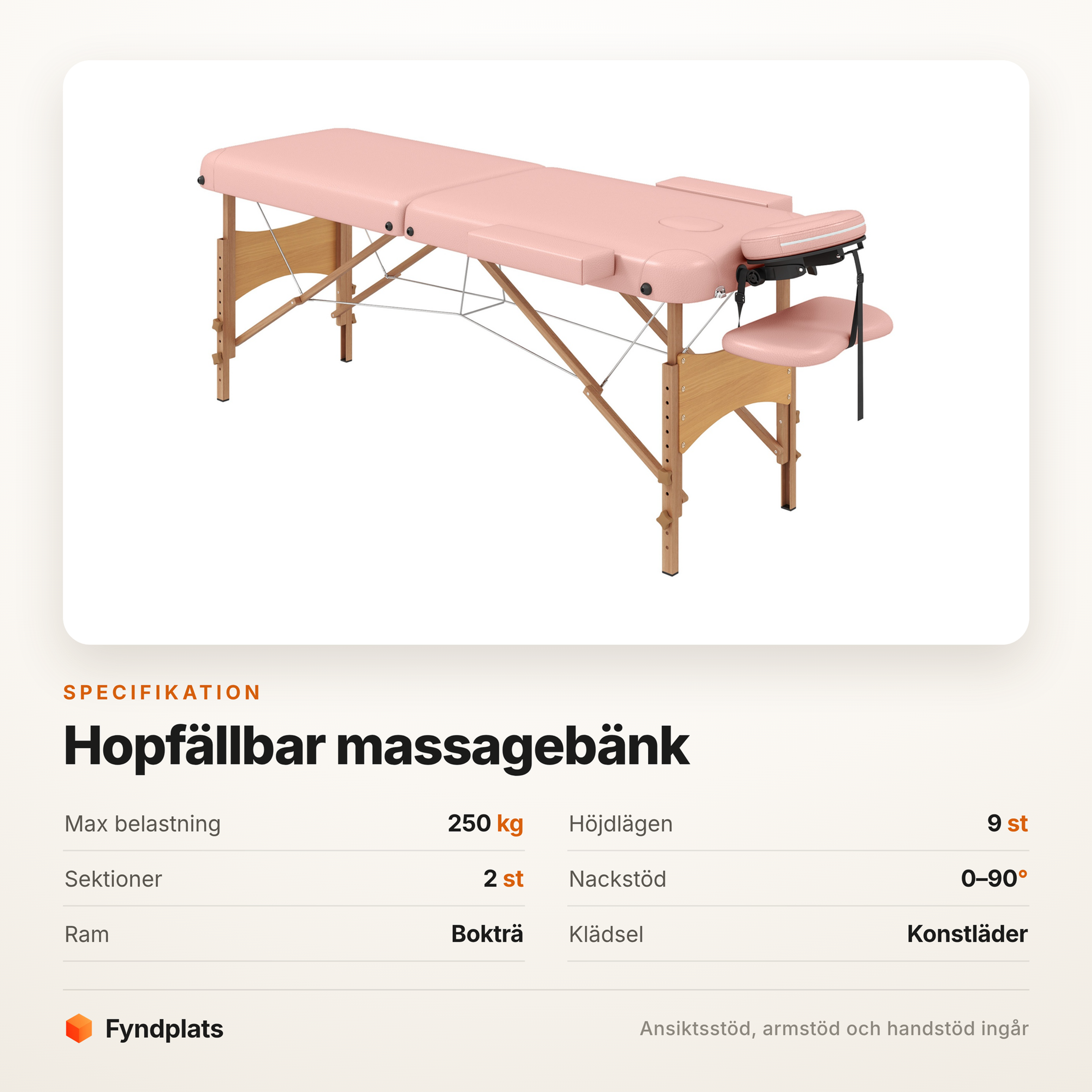 Fyndplats spec-kort för massagebänken: max 250 kg, nio höjdlägen, två sektioner, nackstöd 0–90°, ram i bokträ och klädsel i konstläder.