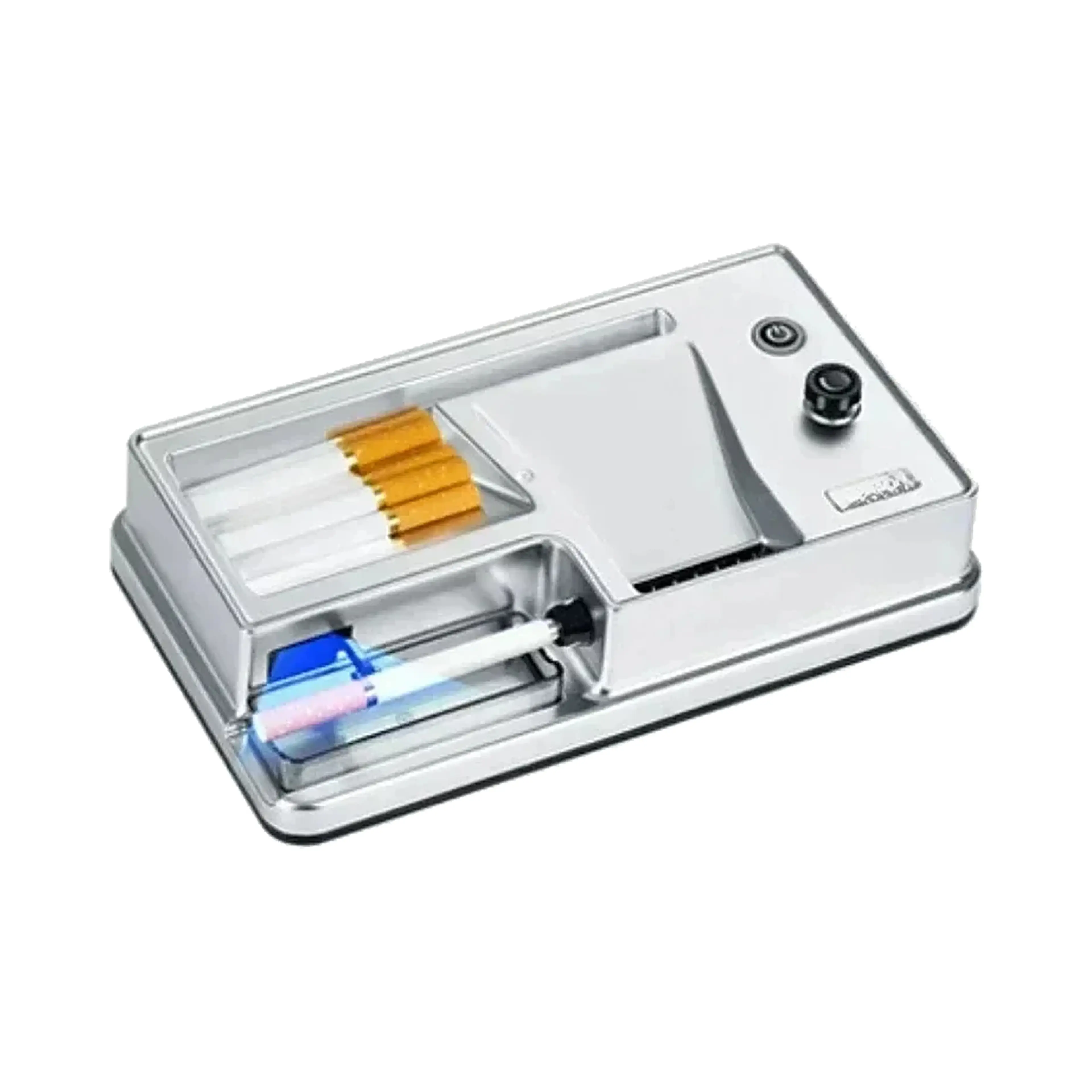 Cigarettmaskin i silver med infraröd sensor mot vit bakgrund