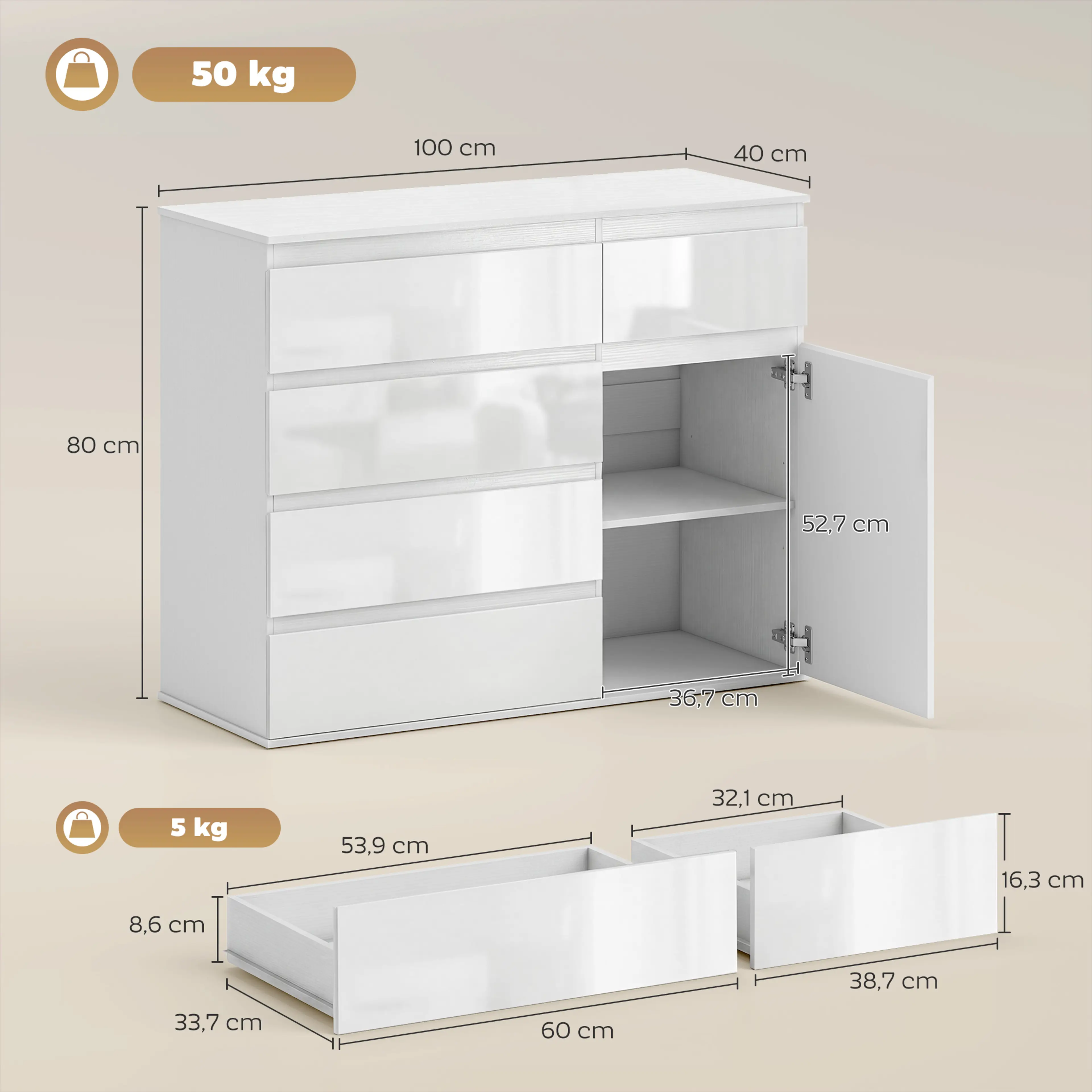 Måttbild på sideboardet, 100 × 40 × 80 cm, med öppet skåp, lådornas mått och maxlasten 50 kg