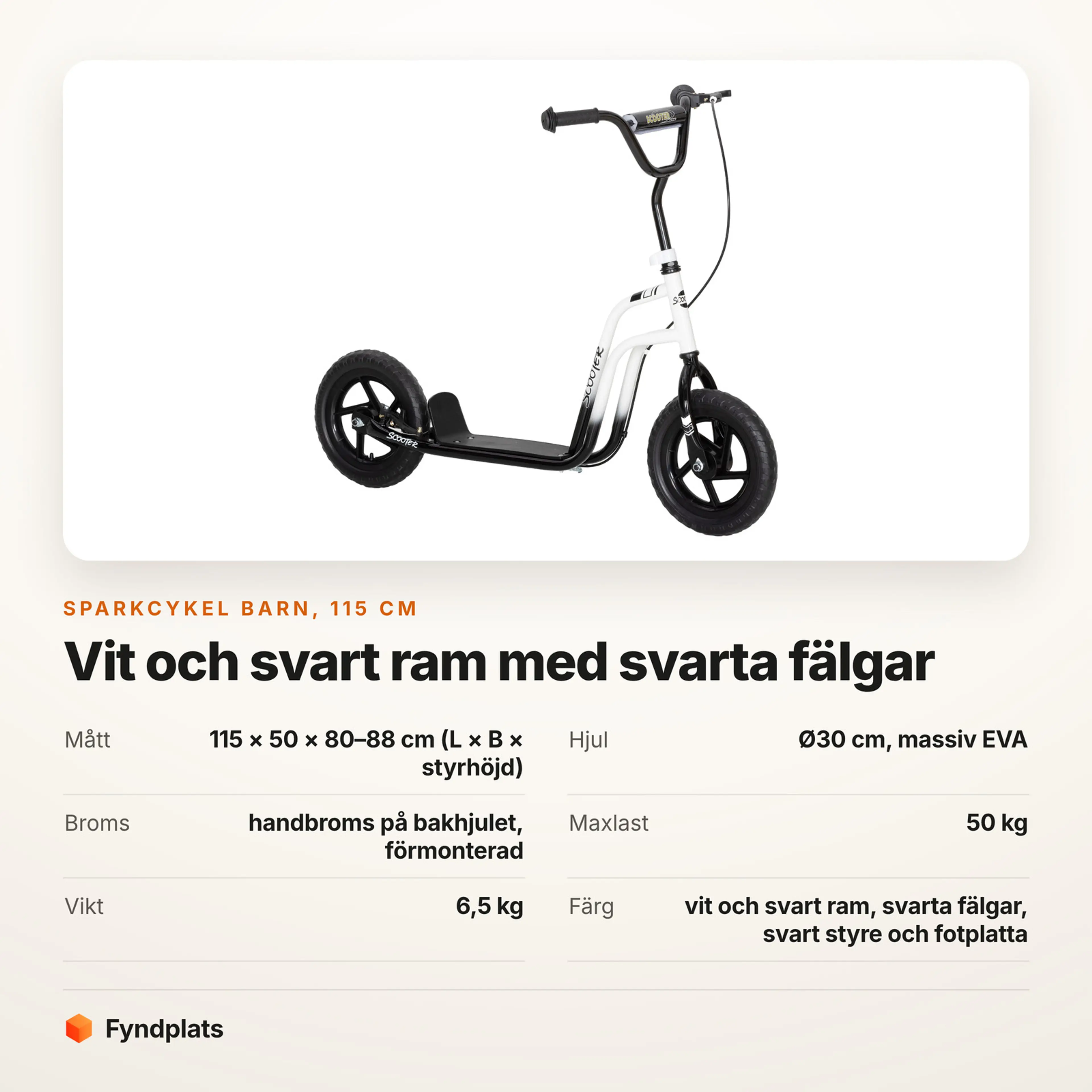 Faktakort: sparkcykel barn 115 cm, vit och svart ram med svarta fälgar