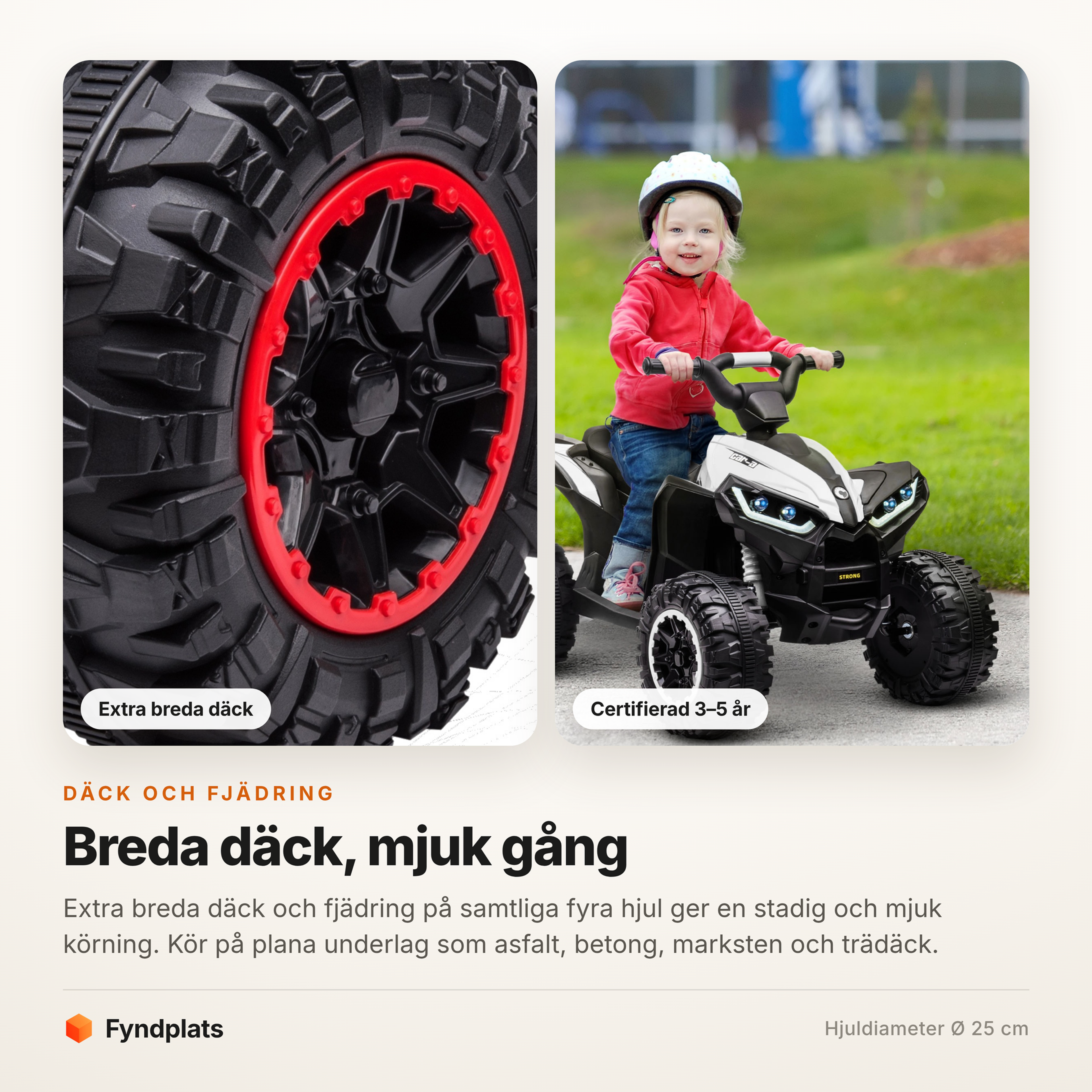 Fyndplats detaljkort på elfyrhjulingens breda mönstrade däck och ett barn som kör den.