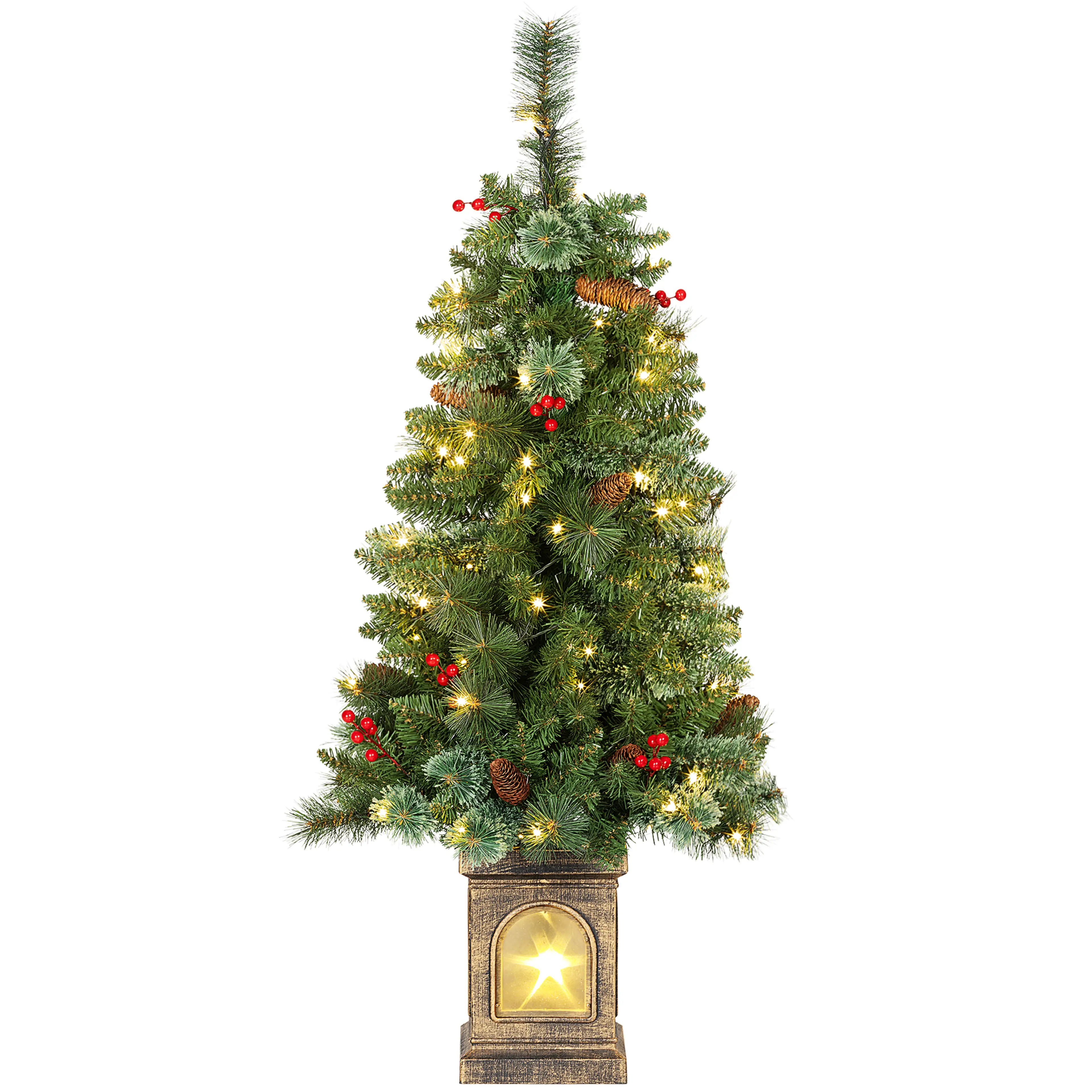 Julgran på 120 cm med tända varmvita LED, röda bär och kottar, i en fot som liknar en lykta med en lysande stjärna, på vit bakgrund