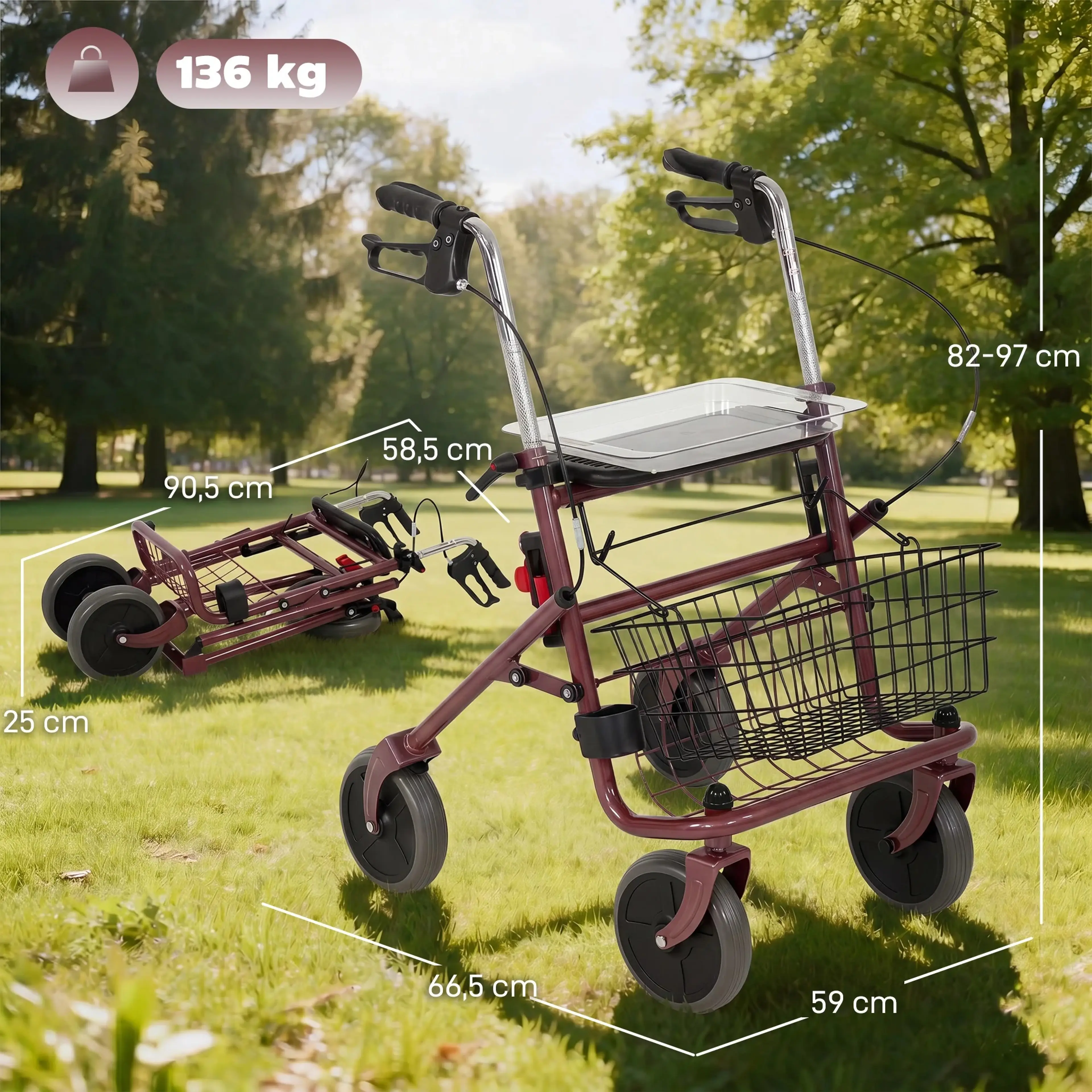 Måttskiss för rollatorn: 59 × 66,5 cm, höjd 82–97 cm och maxlast 136 kg
