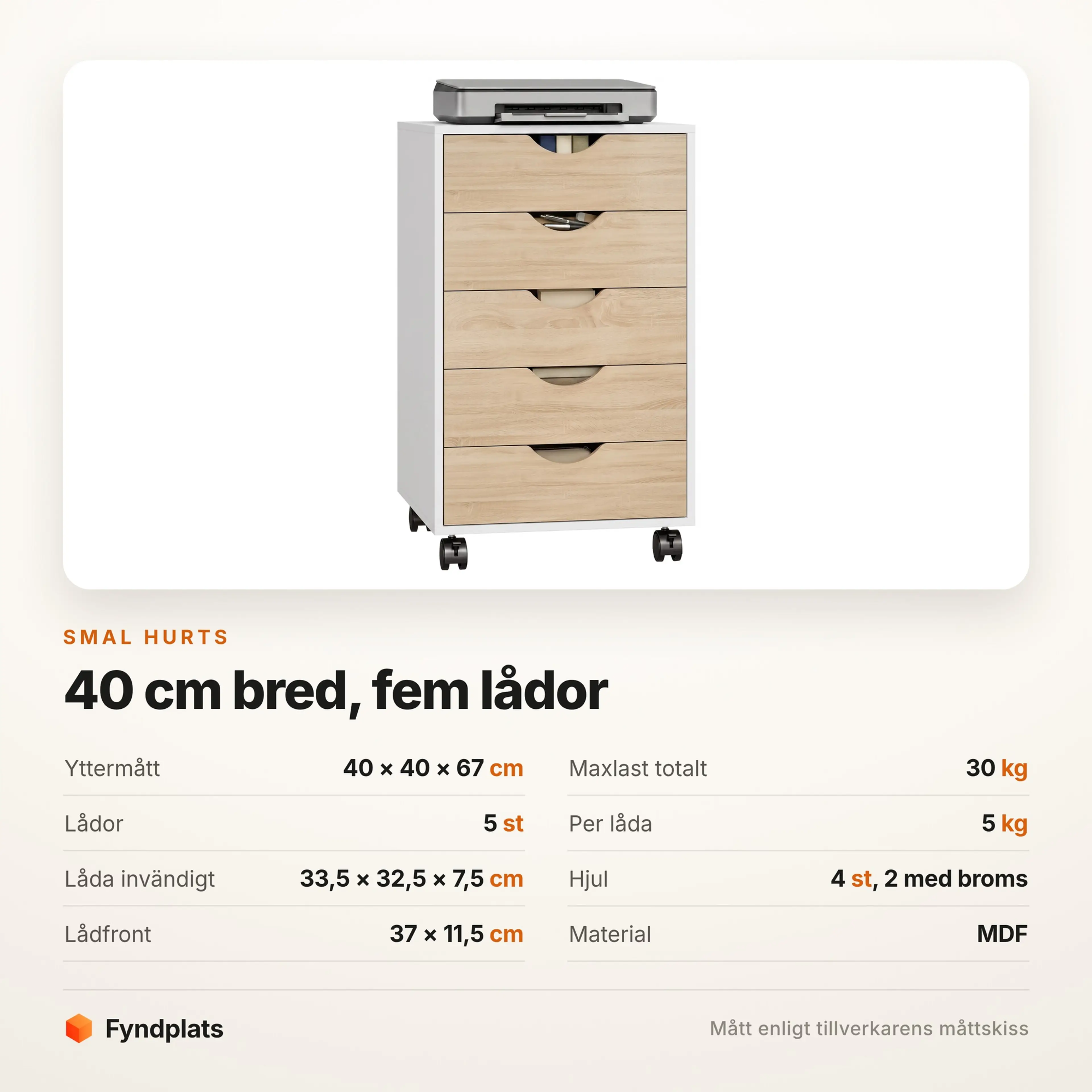 Specifikationer för hurtsen: mått, antal lådor, material och hjul