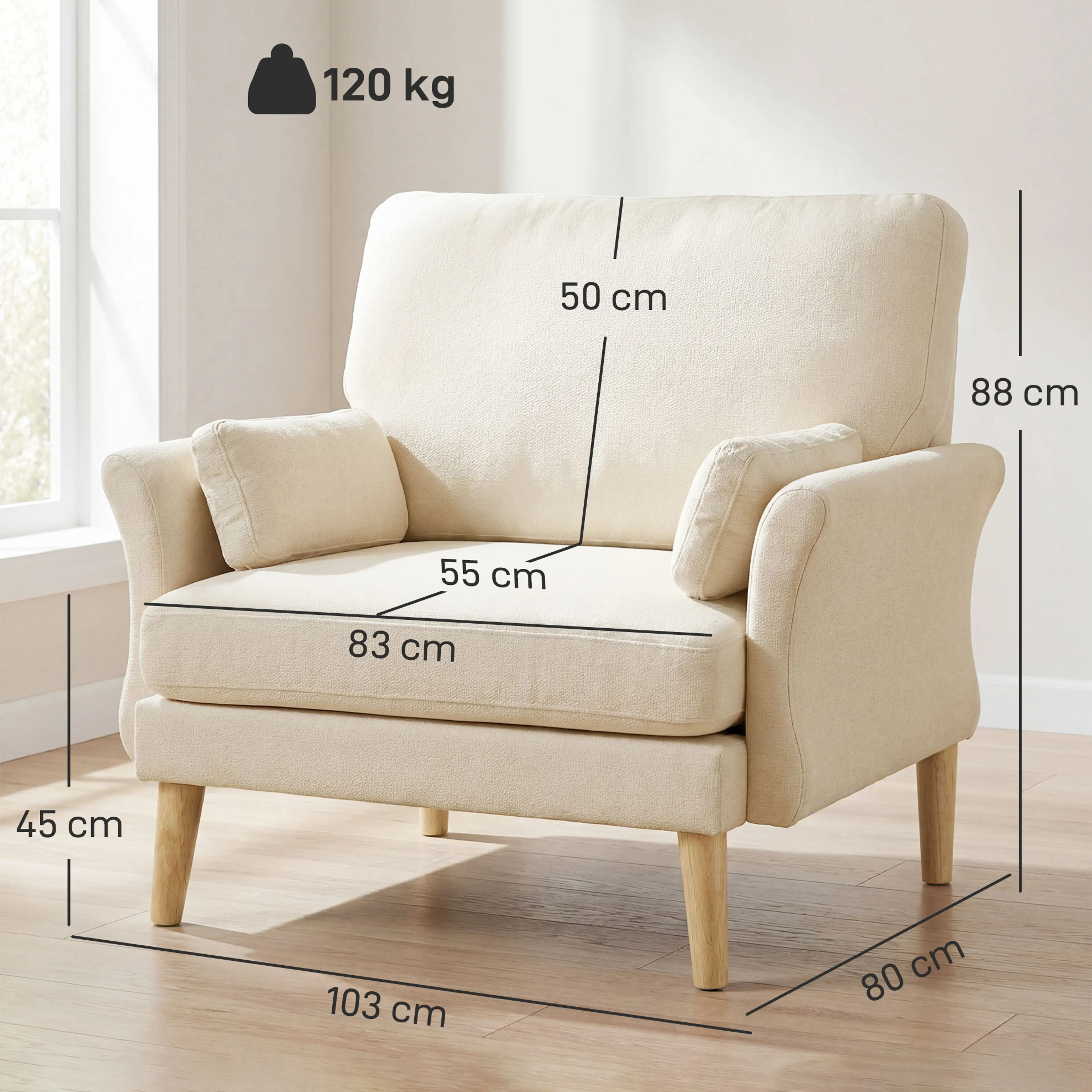 Måttbild: fåtöljen är 103 × 80 × 88 cm och sitsen 83 × 55 cm